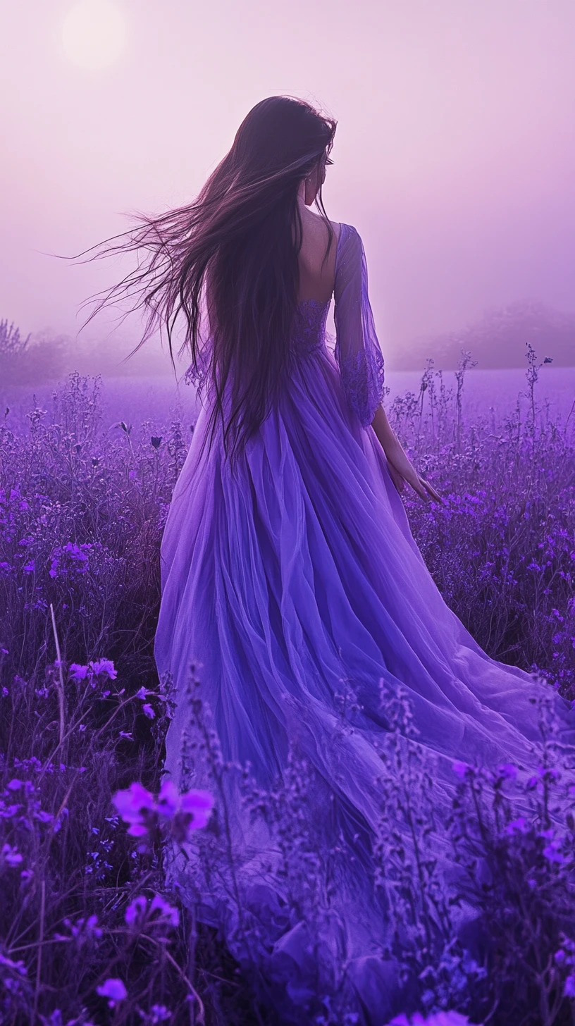 Young woman in purple gown in a mystical flower field