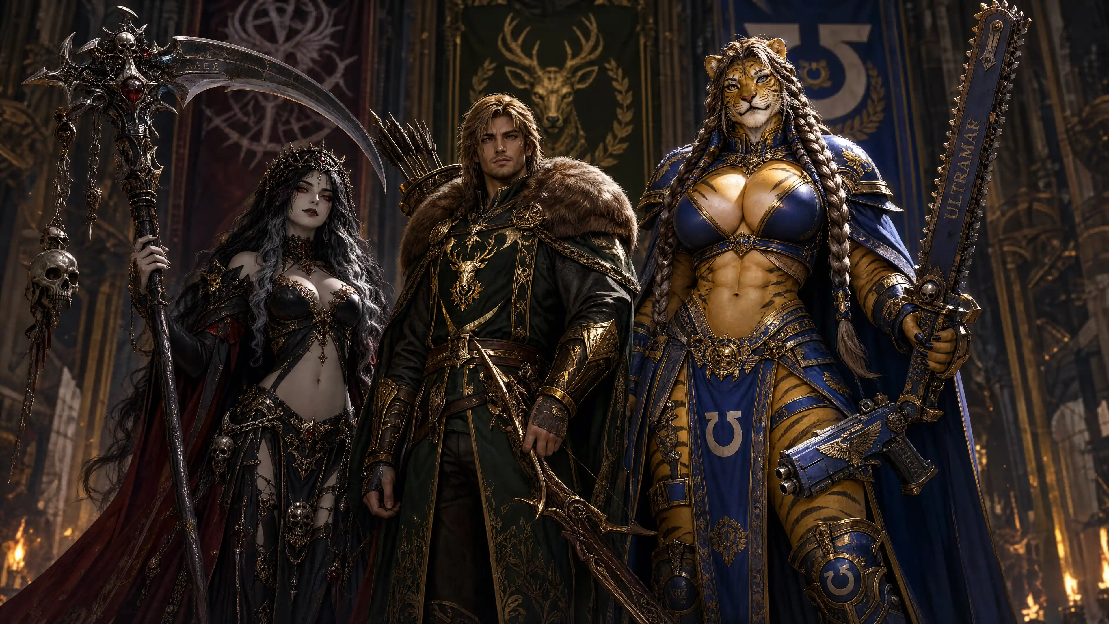 Undead queen with scythe in regal dark fantasy attire