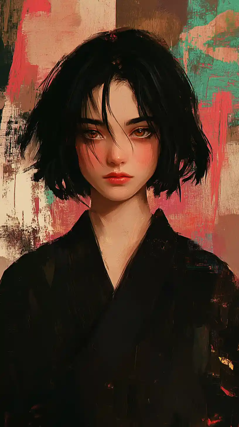 Stoic anime girl in dark kimono with glowing amber eyes