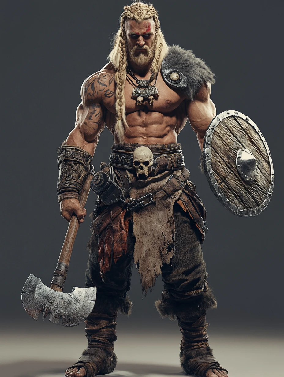 Muscular barbarian warrior with axe in dramatic 3D lighting
