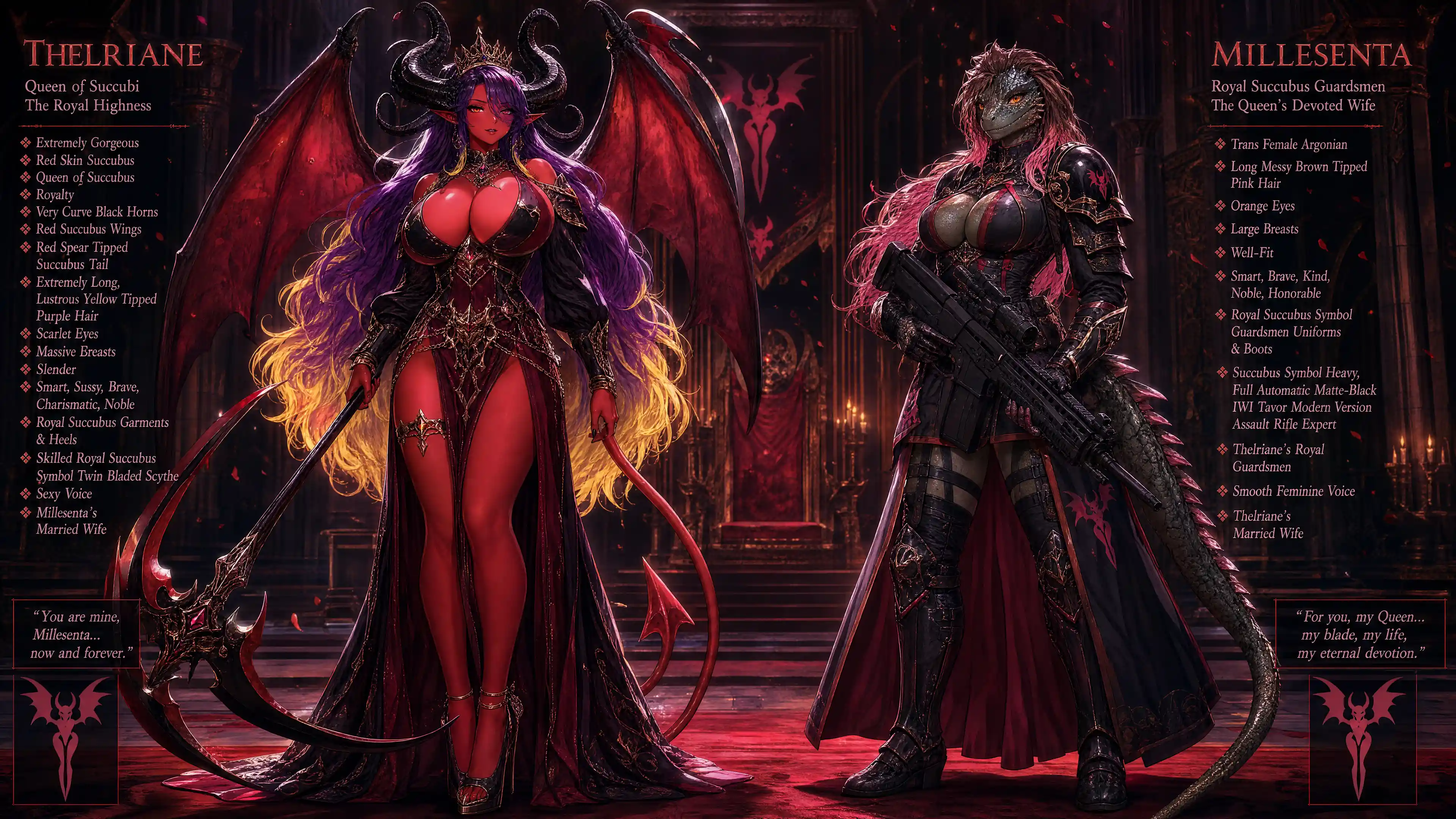 Regal red skinned succubus queen with curved horns