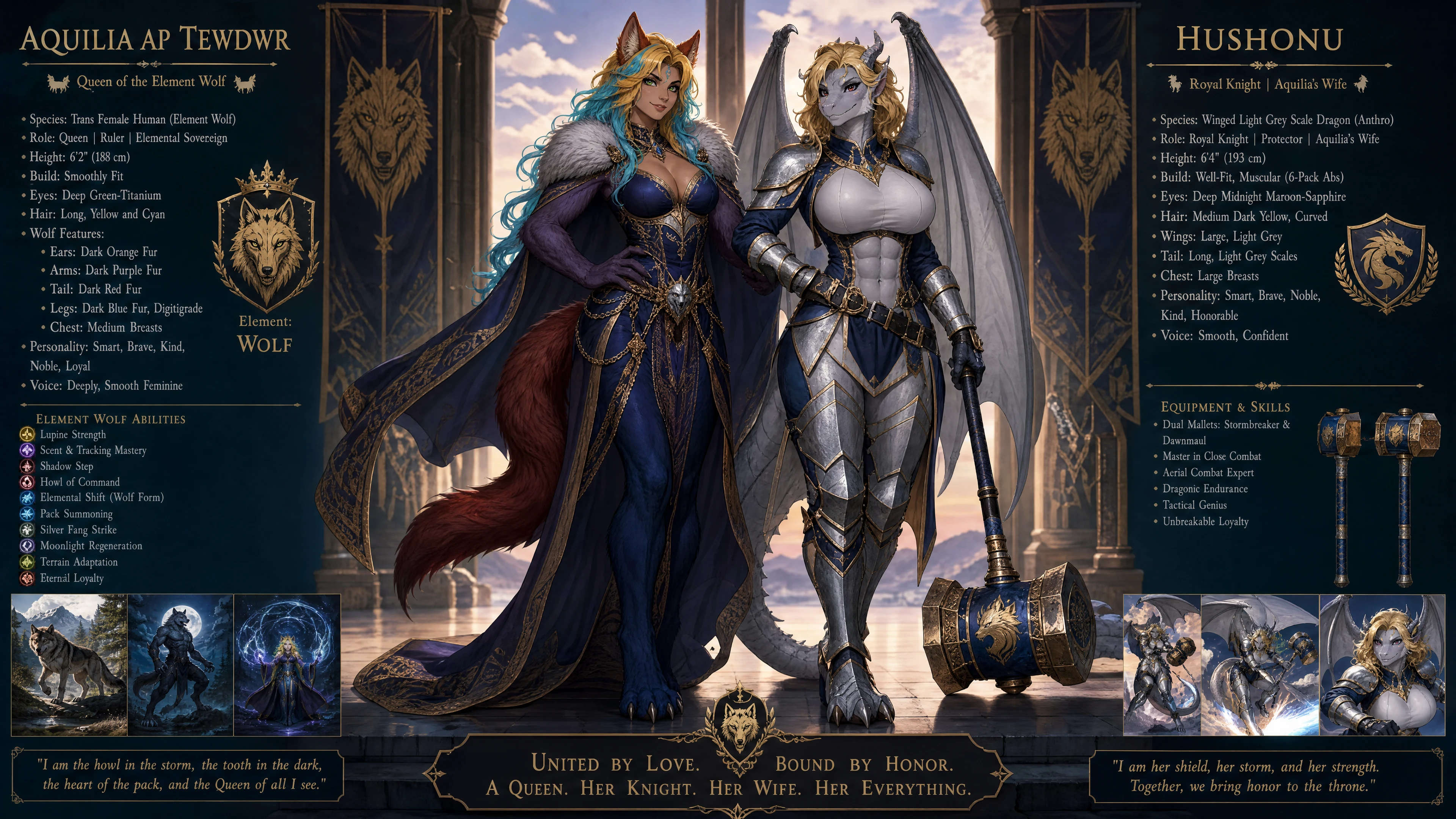 Regal wolf queen with elemental powers and noble presence
