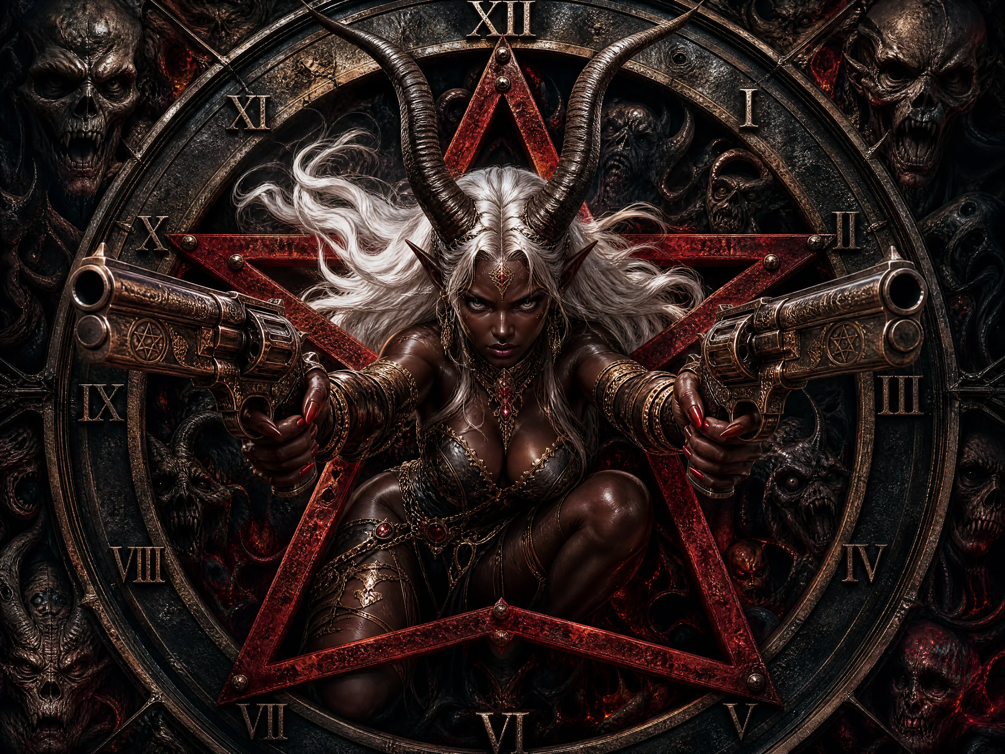 Demonic horned woman within a metallic pentagram clock