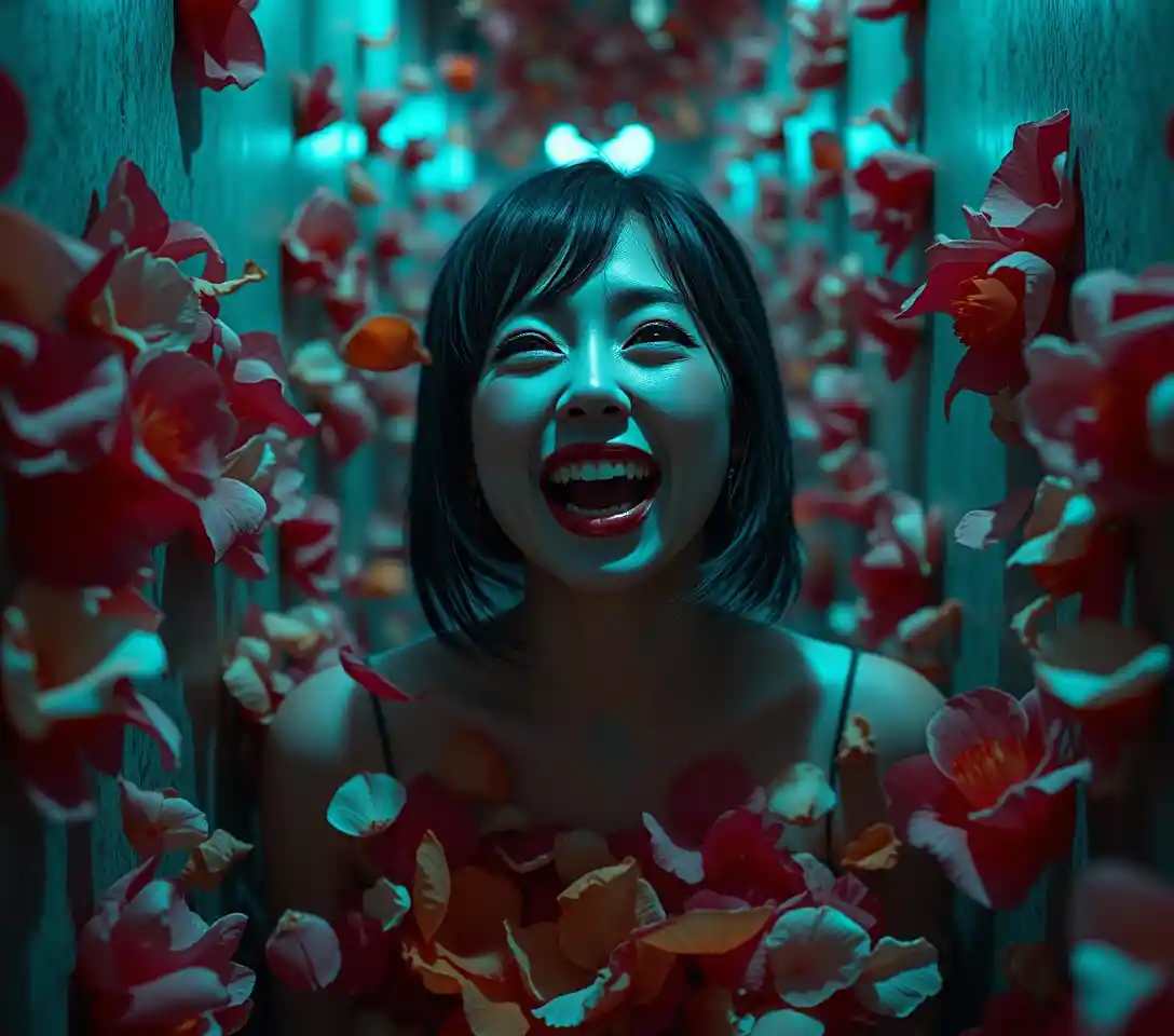 Surreal woman in a flower filled corridor caught between fear and laughter