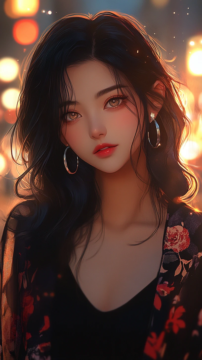 Anime girl portrait with city lights at twilight