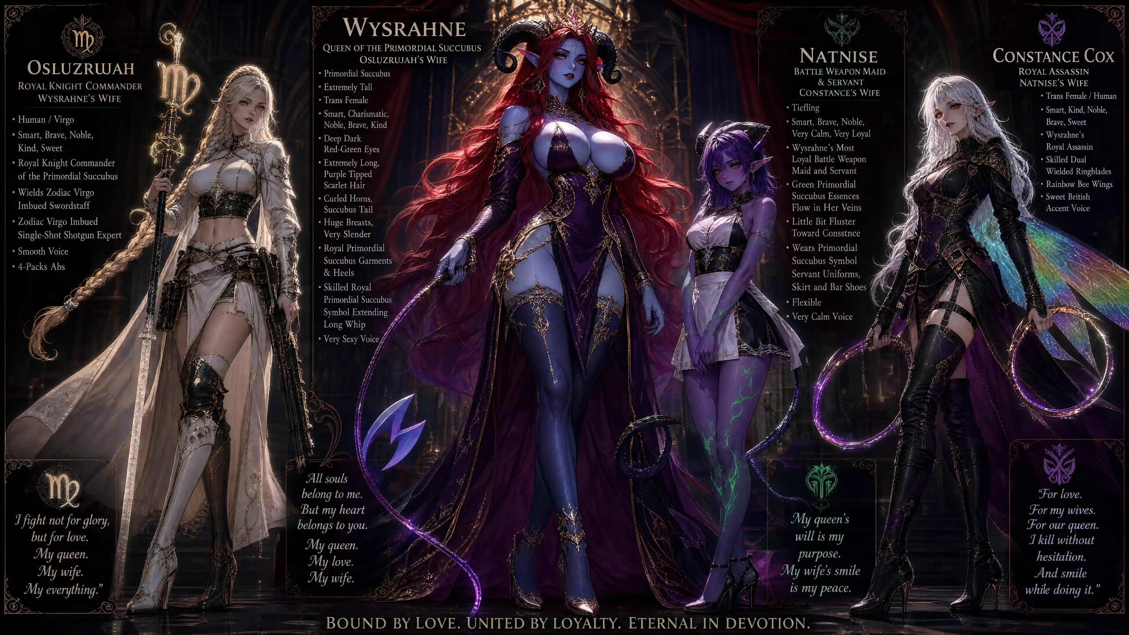 Primordial succubus queen with royal horns and scarlet hair