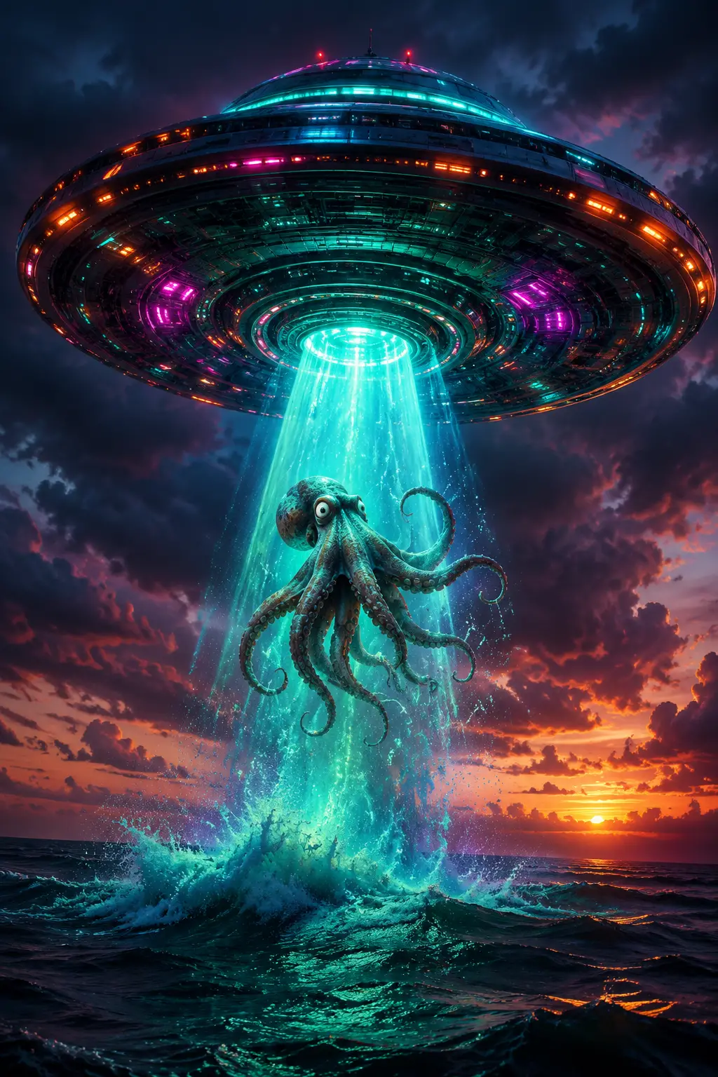 Saucer UFO Beaming A Startled Octopus From Dusk Ocean