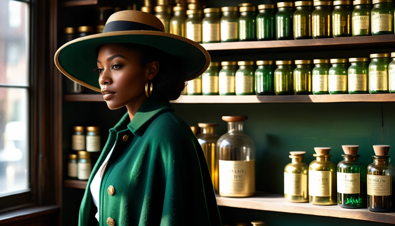 Mysterious woman in green coat before antique apothecary shop