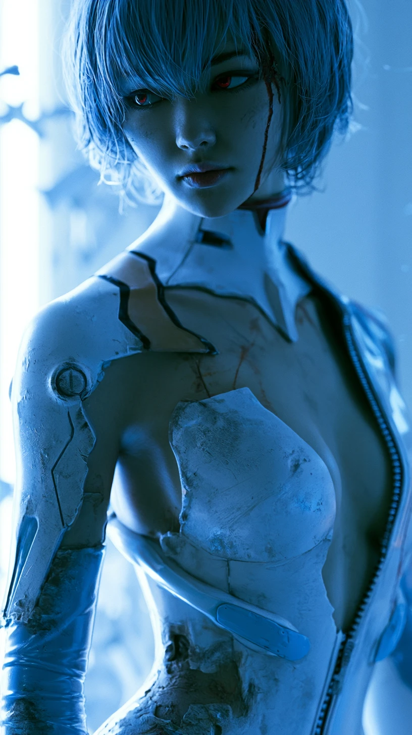 Wounded blue haired woman in torn white sci fi suit