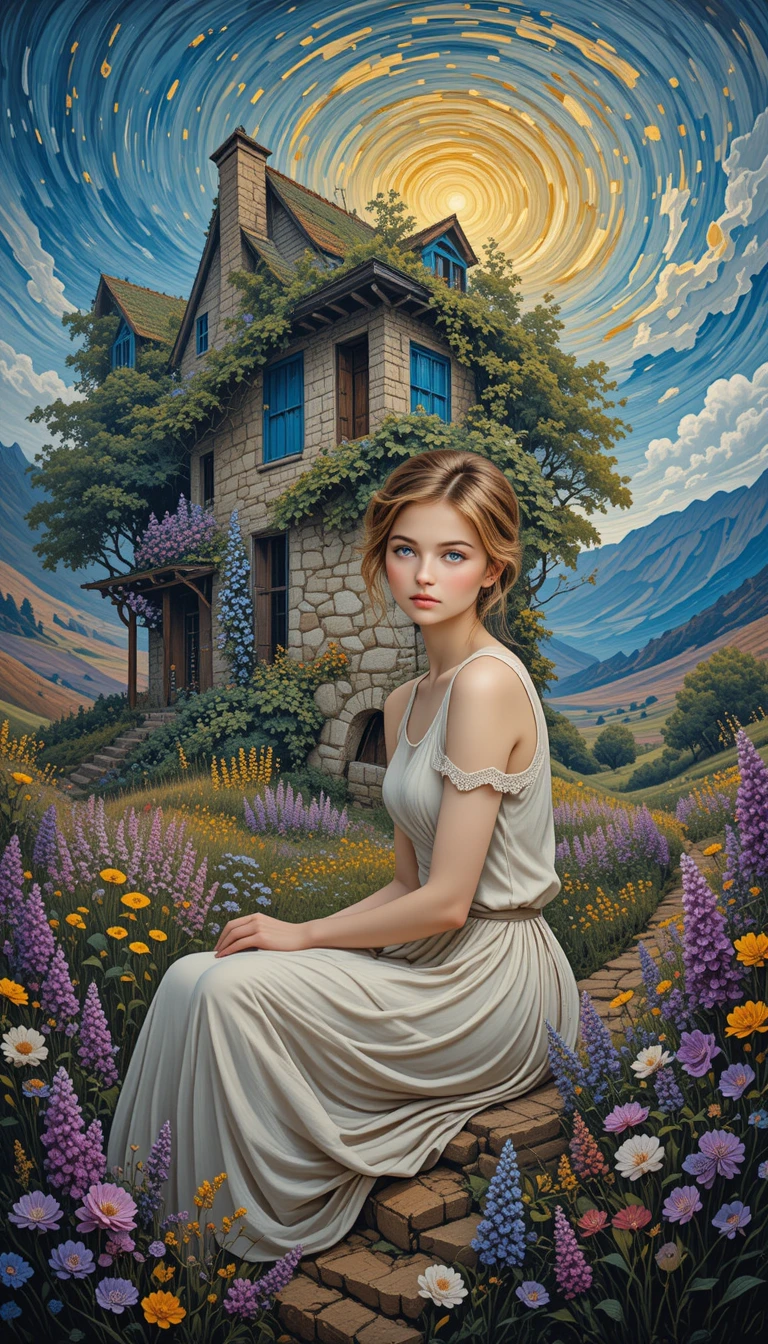 Girl beneath fig tree in rustic valley garden