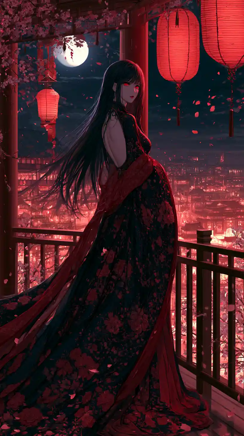 Elegant anime girl on pavilion balcony under full moon