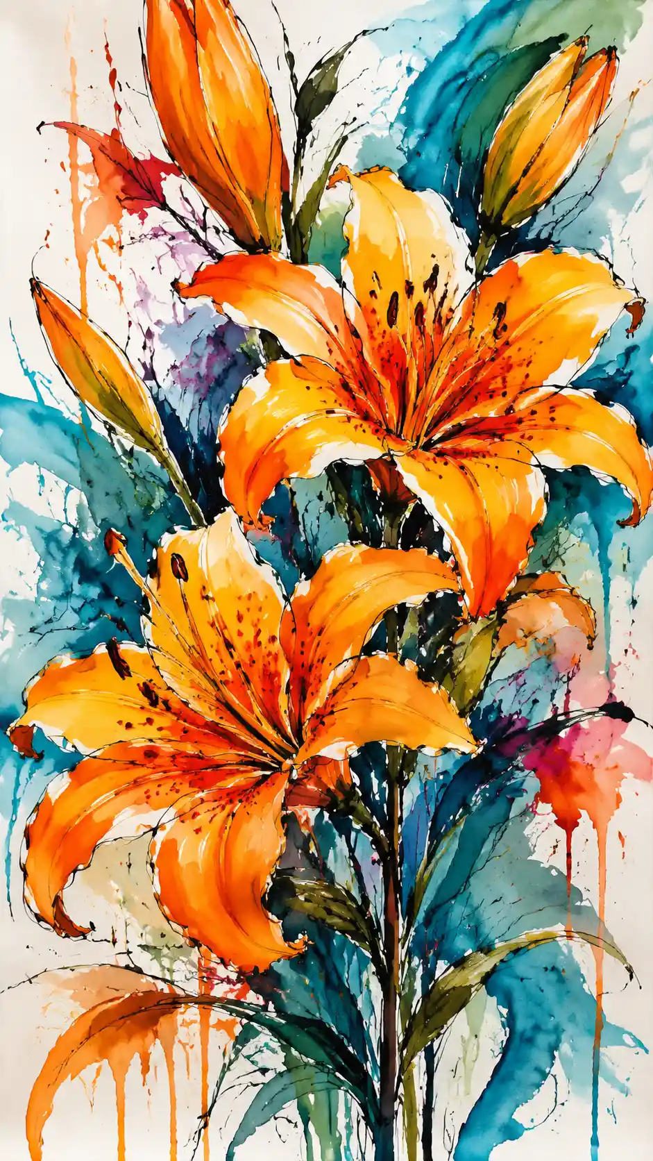 Vibrant orange lilies with fluid watercolor contours