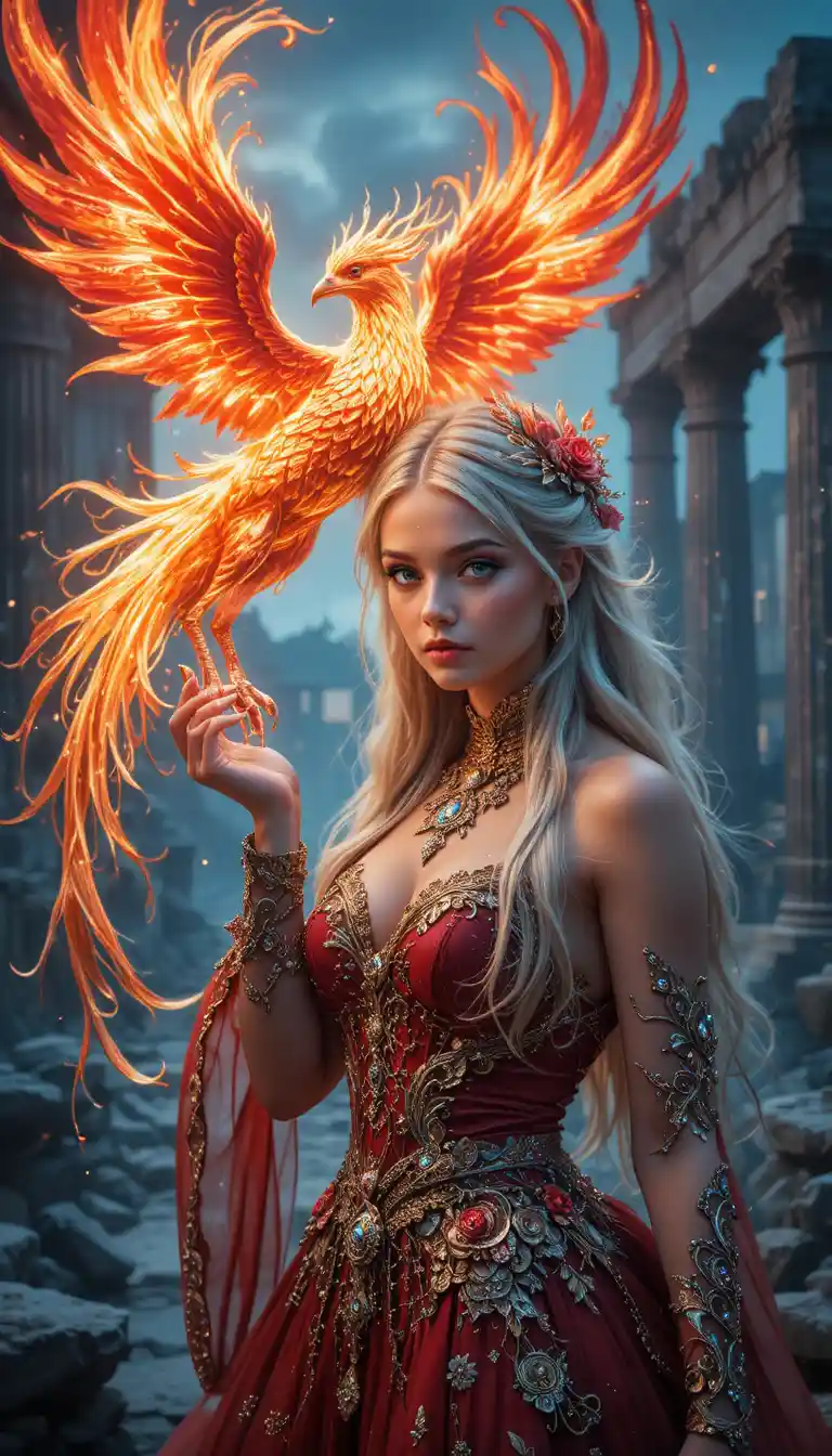 Fantasy portrait of a young woman with a fiery phoenix