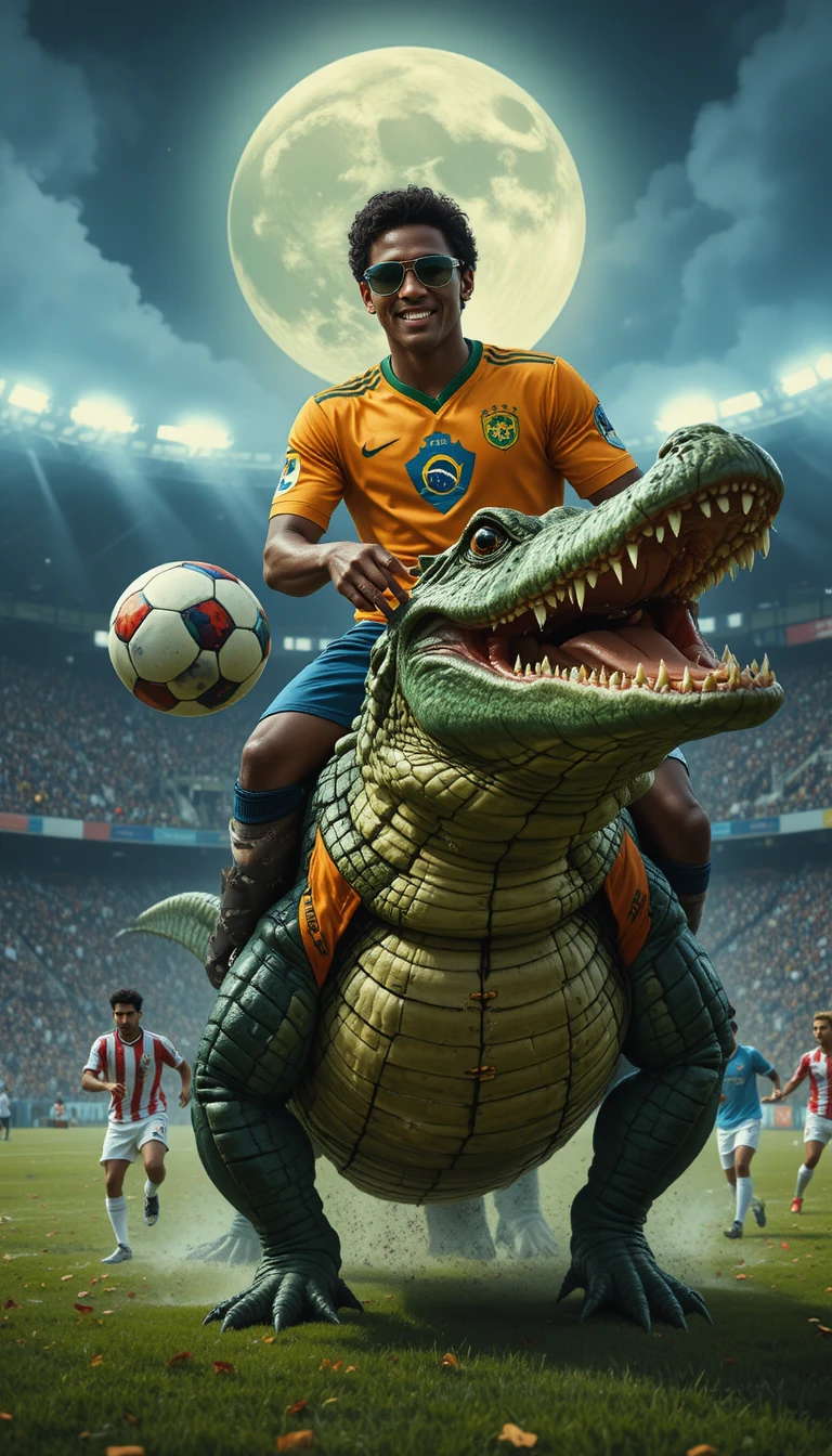 Brazilian footballer riding a giant crocodile under the moon