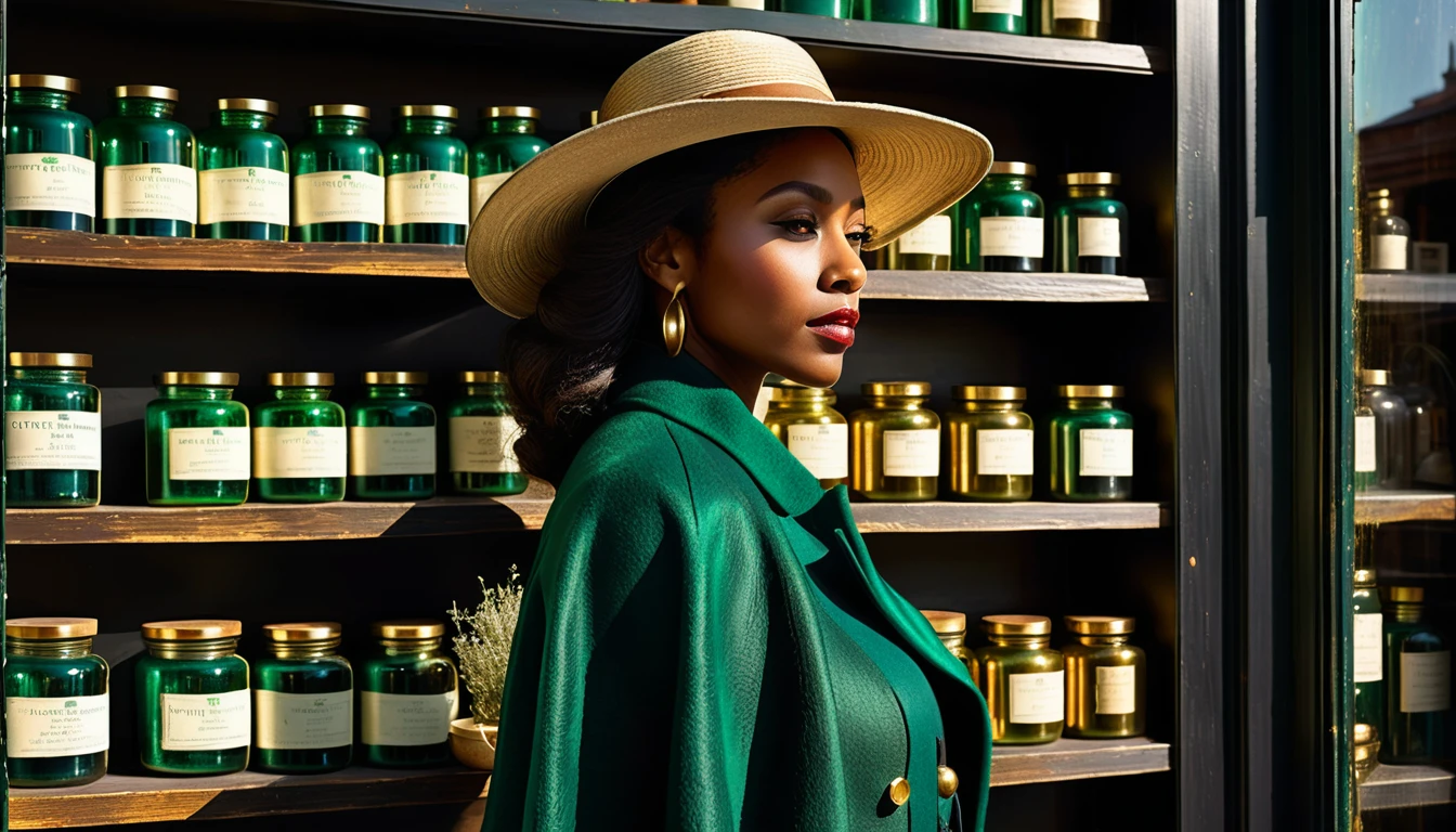 Moody portrait of a woman in green before an apothecary shop
