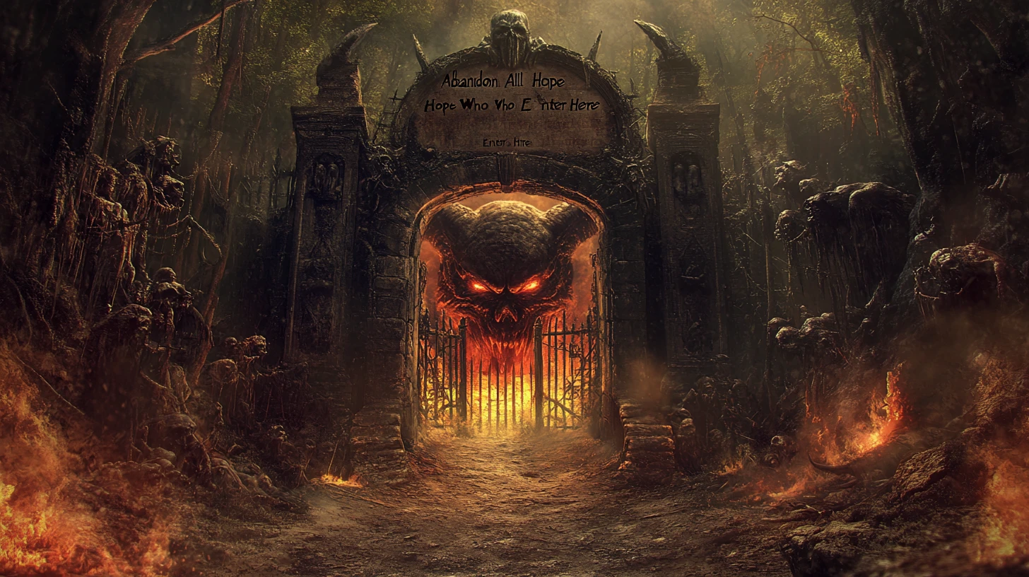 Desolate Path Leading To Fiery Demon Gate Of Hell