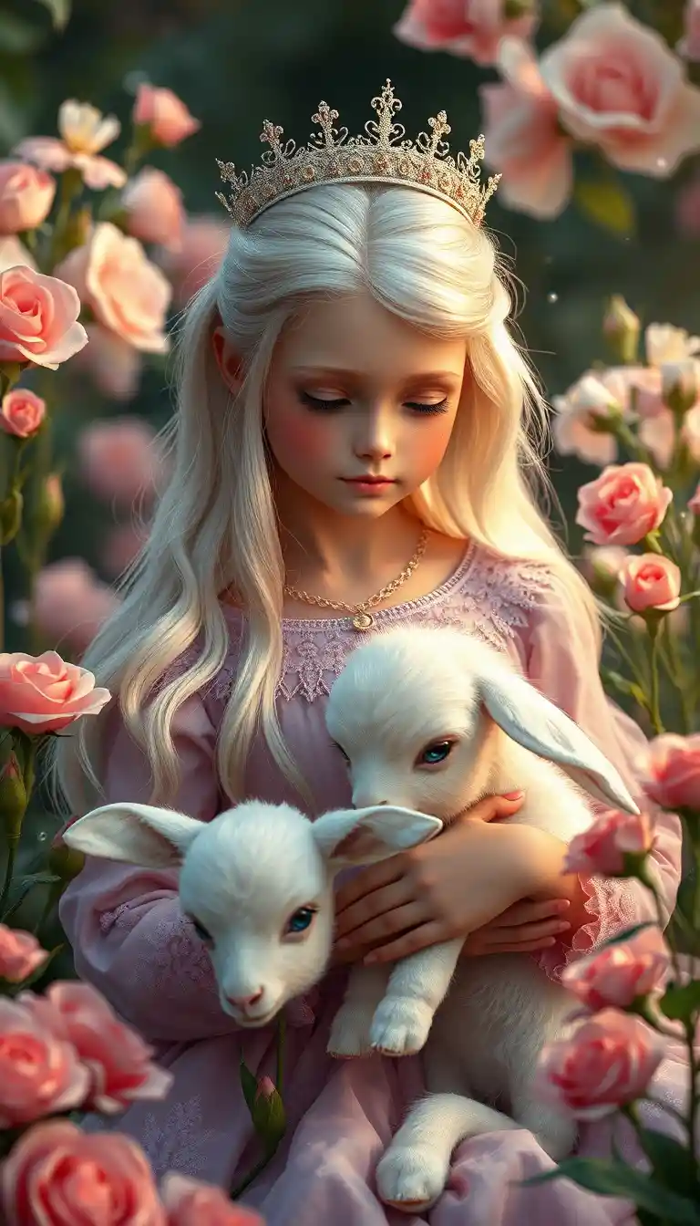 Fairy girl with white rabbits in an enchanted flower garden
