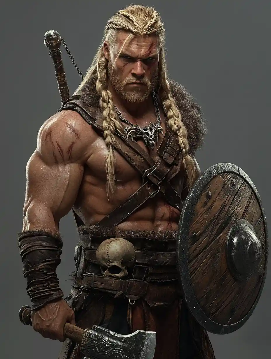 Barbarian warrior with axe in dramatic 3D backlight