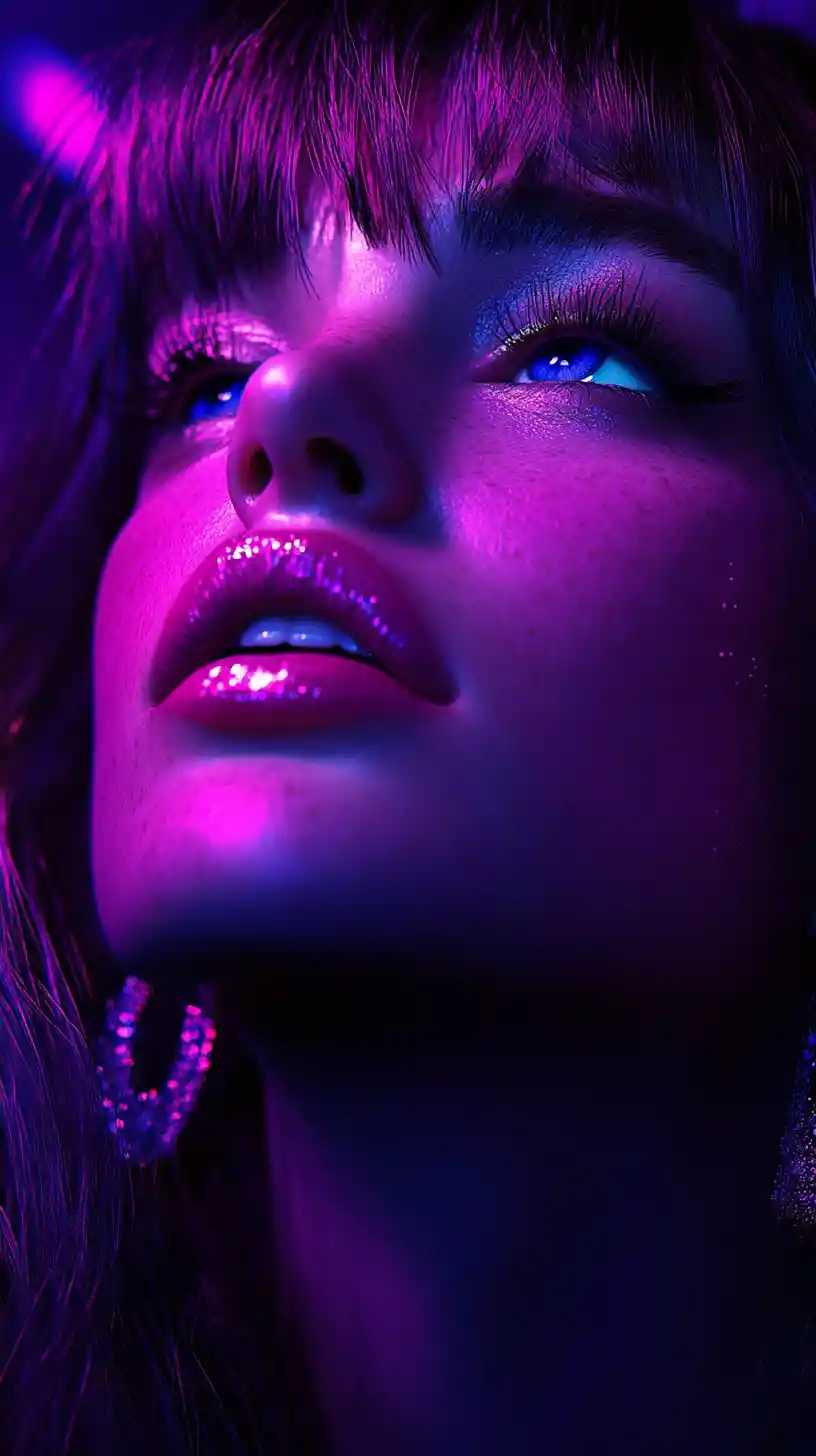 Dreamy neon girl portrait in a dark abstract space