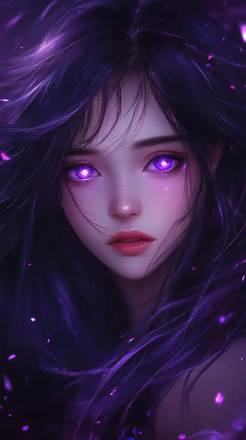 Anime girl with glowing violet eyes in dark void