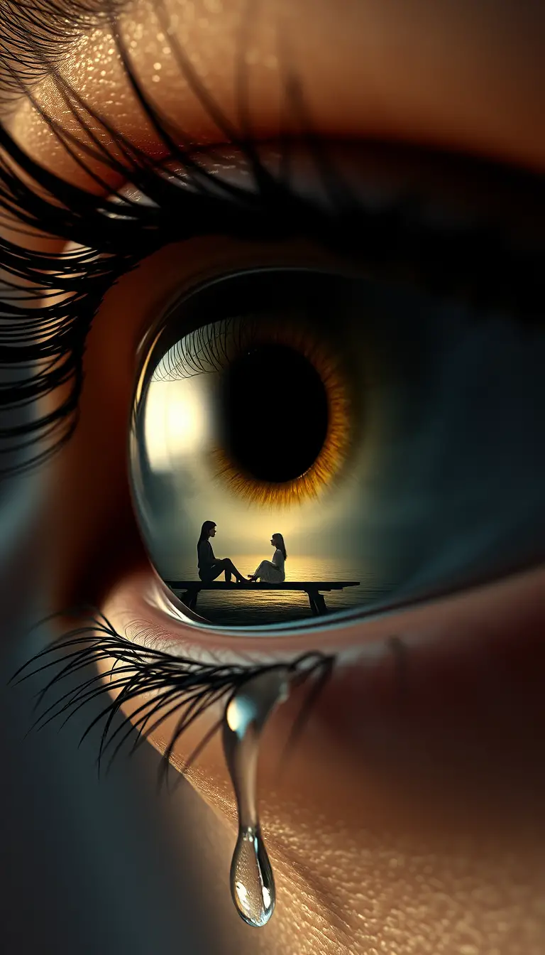 Extreme close up human eye with surreal swing scene