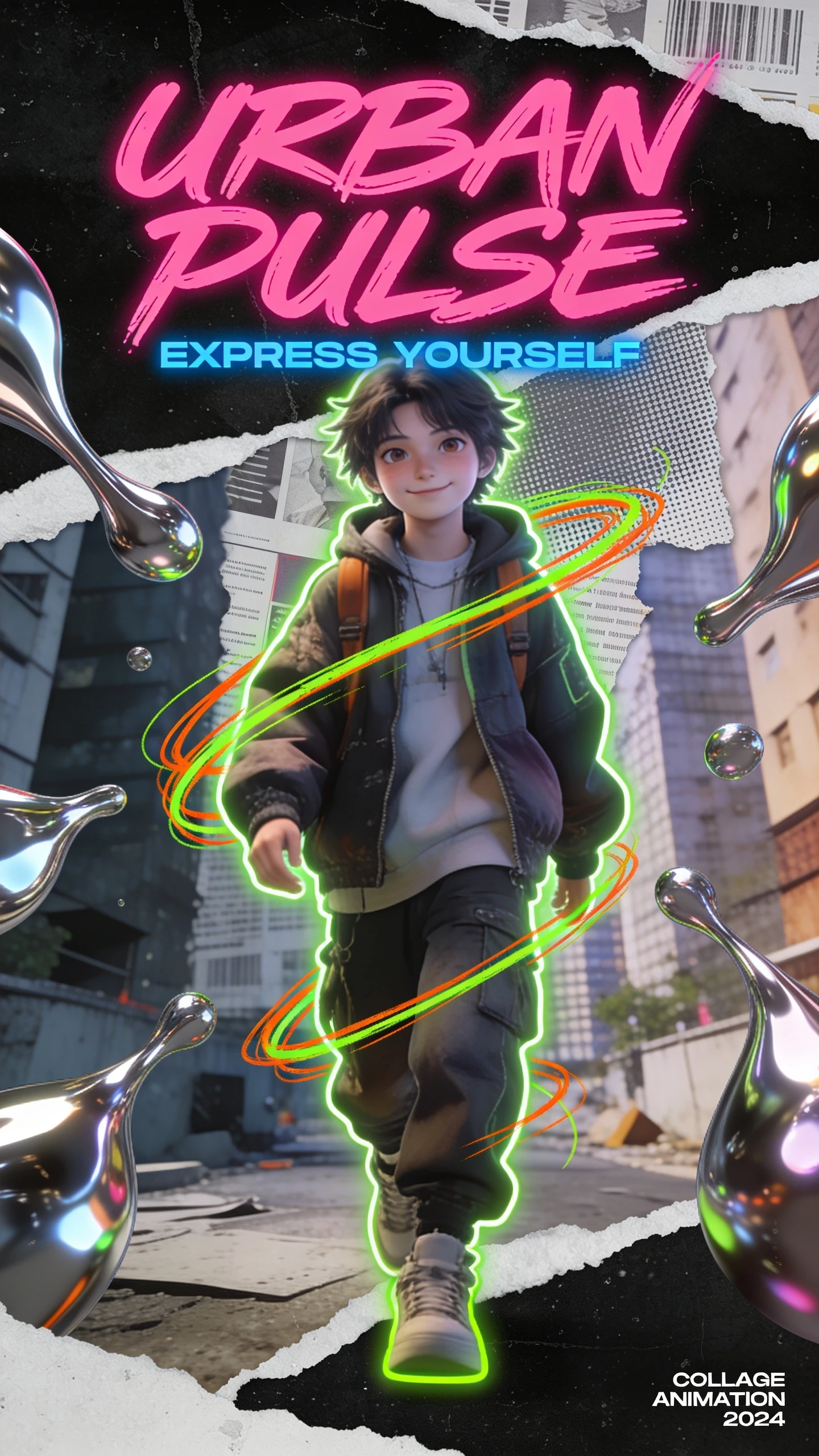 Trendy woman in streetwear walking through neon collage city