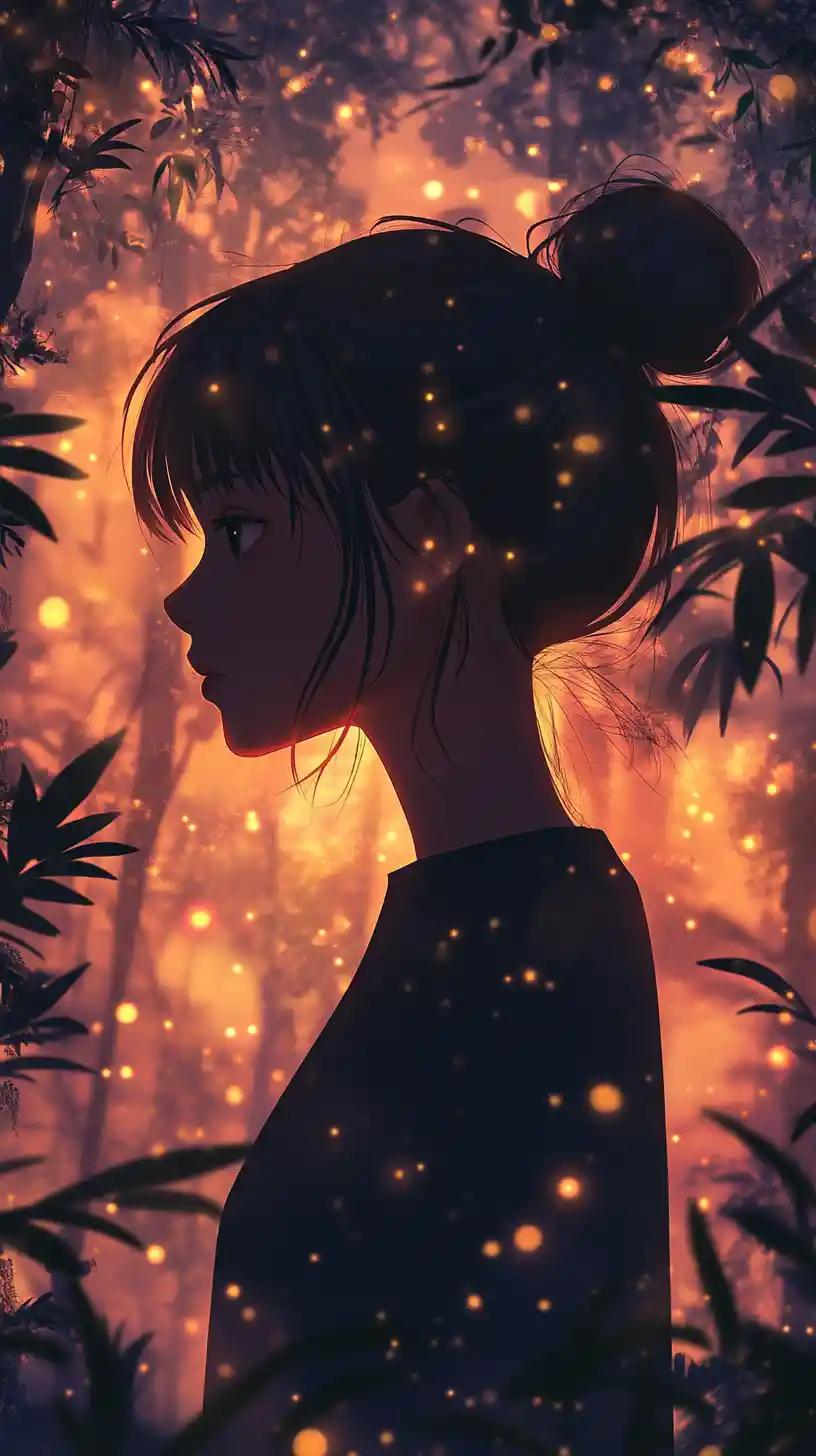 Anime girl in profile amid glowing forest fireflies