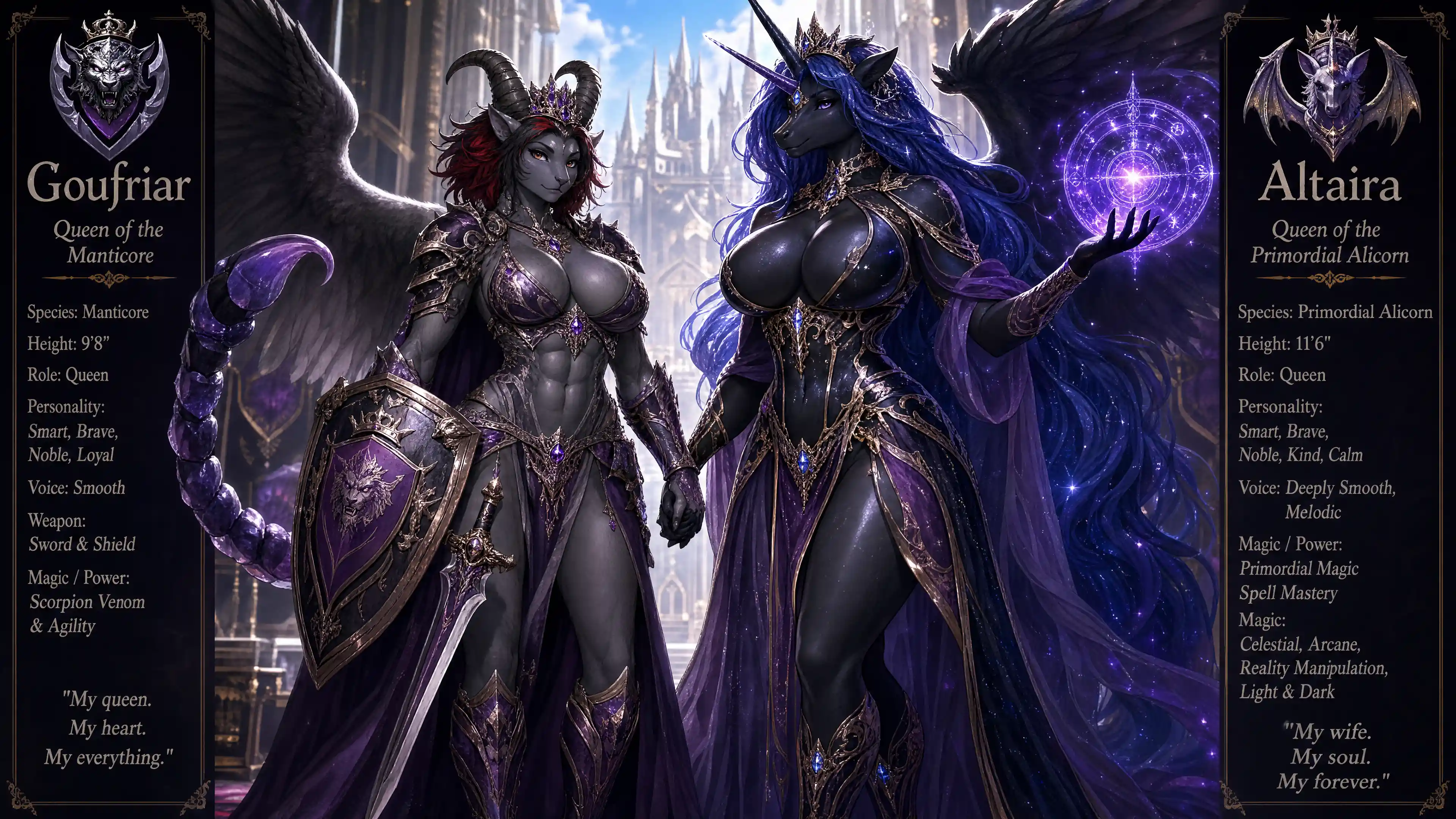 Winged manticore queen warrior with sword and shield