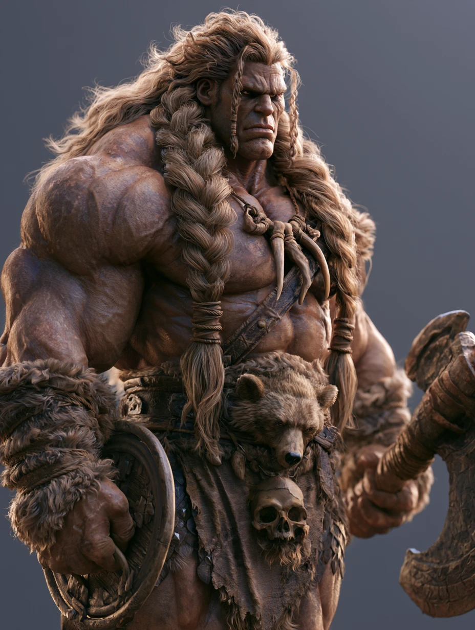 Muscular barbarian warrior with axe and shield in 3d art