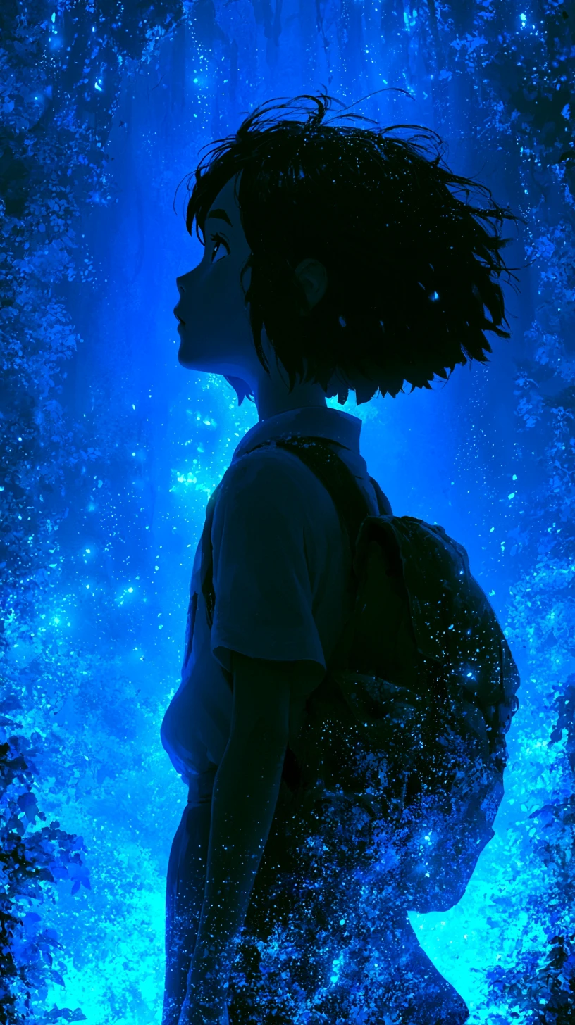 Garota de anime melancólica em uma floresta azul brilhante