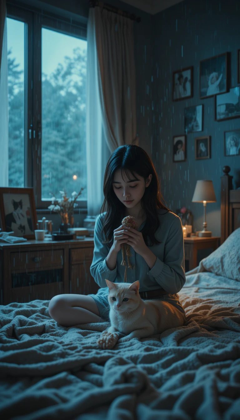 Young woman grieving her lost cat in a rainy bedroom
