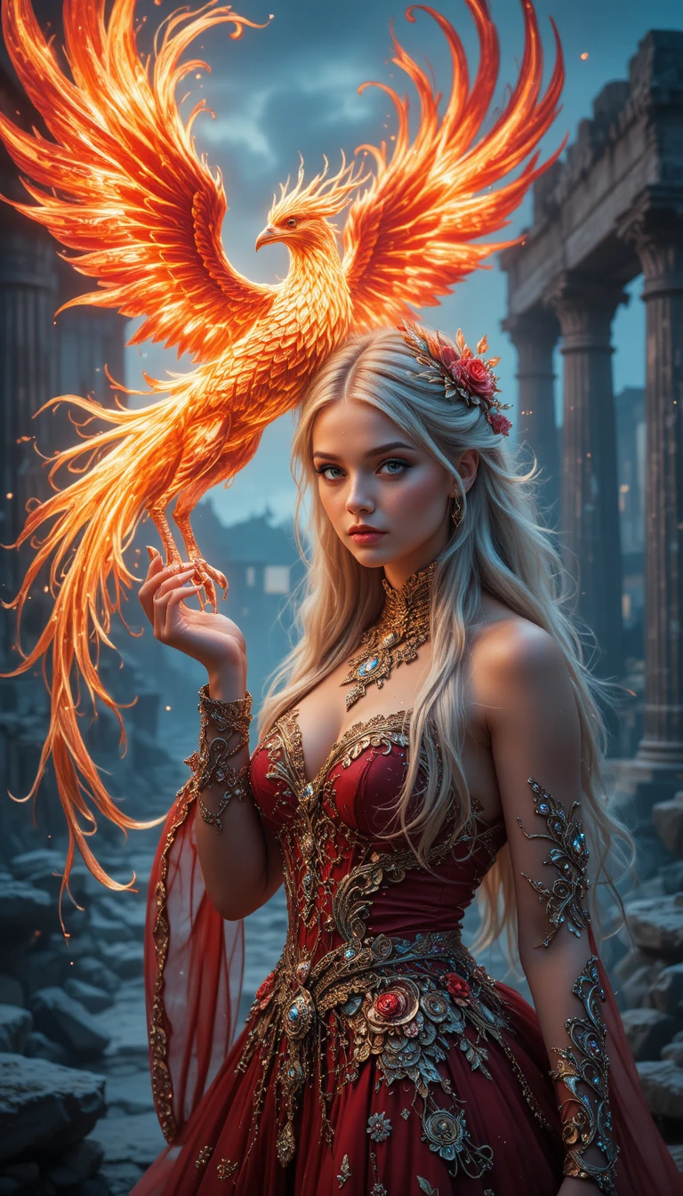 Fantasy portrait of a young woman with a fiery phoenix