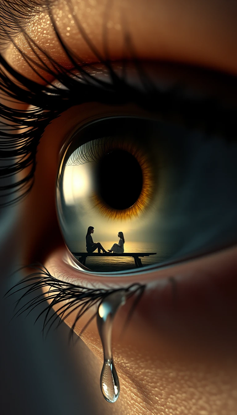 Extreme close up human eye with surreal swing scene