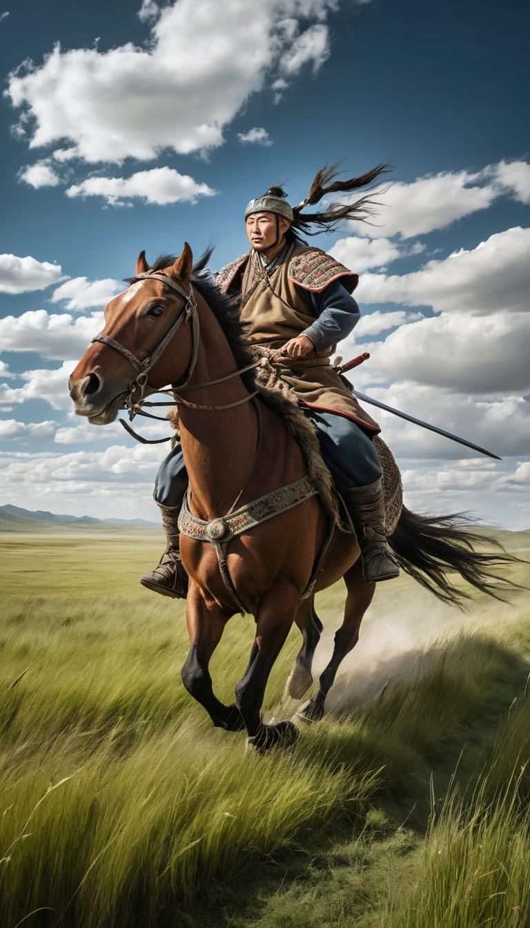 Mongol warrior riding across a vast windswept grassy plain