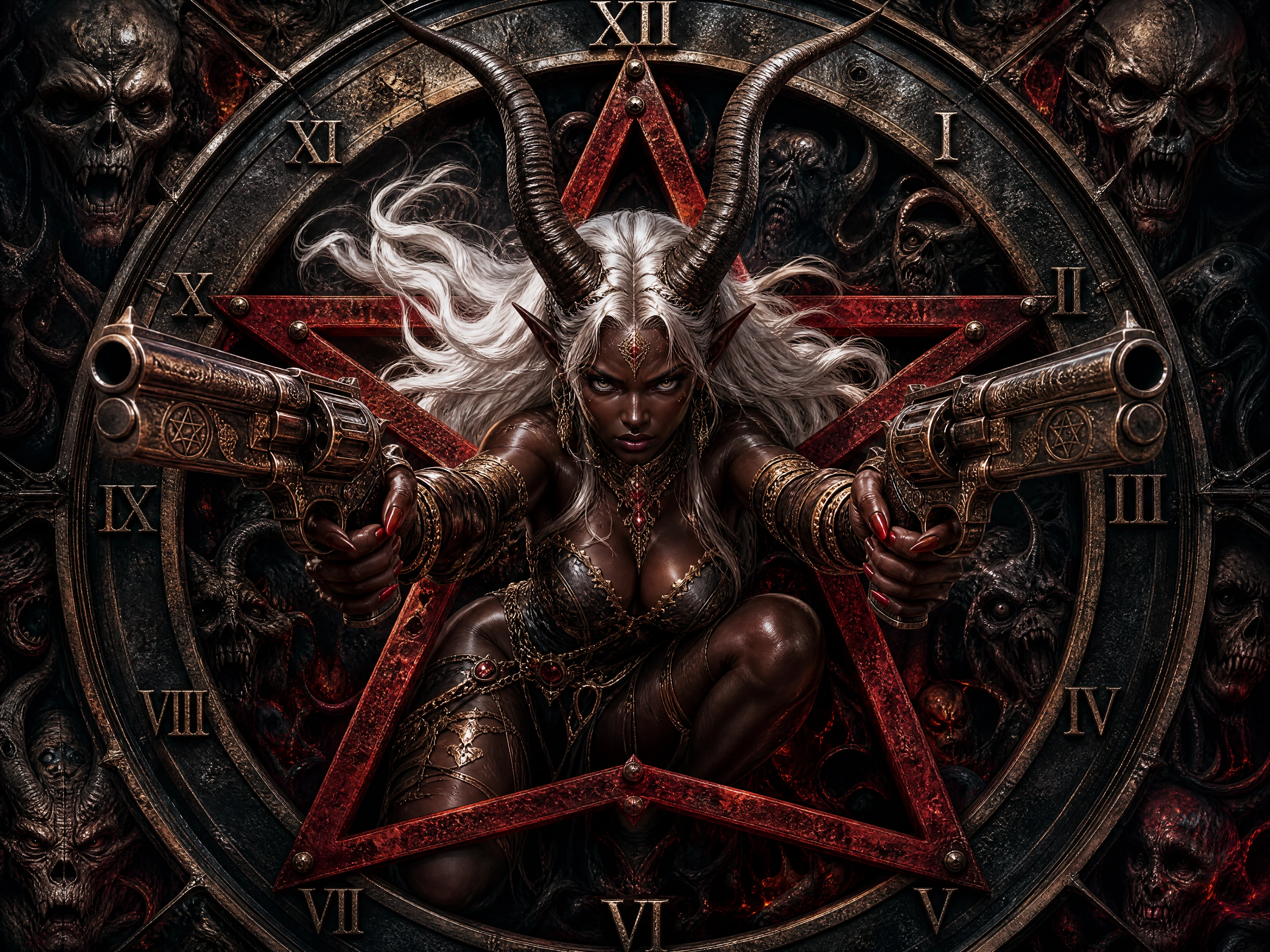 Demonic horned woman within a metallic pentagram clock