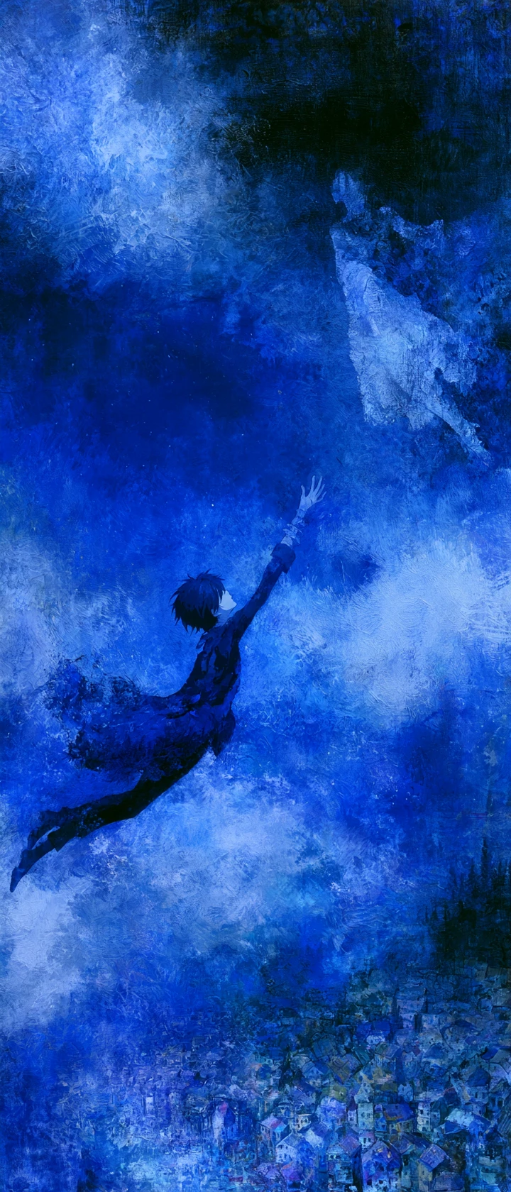 Melancholic Anime Figure Floating In A Surreal Night Sky