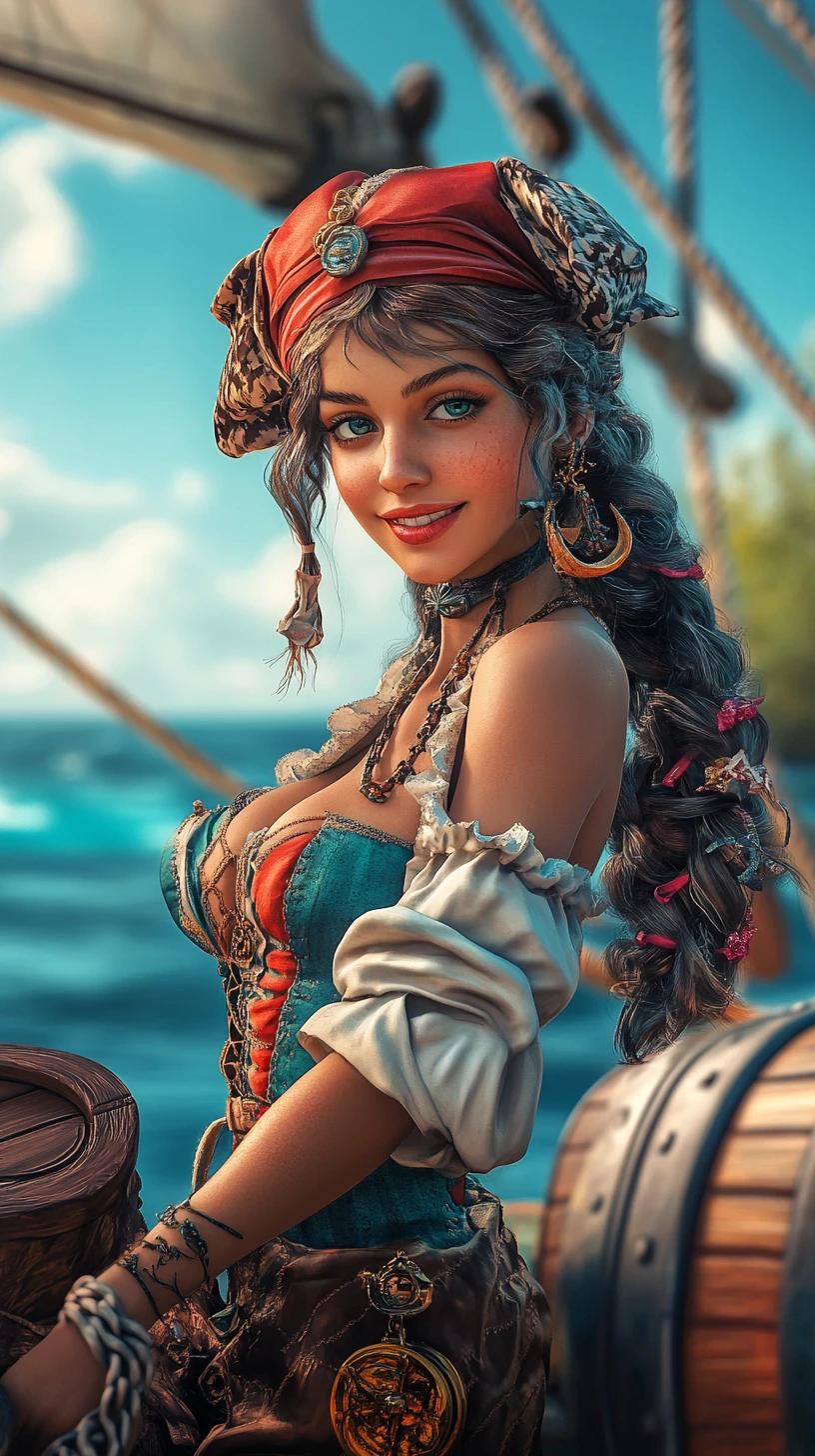 Beautiful pirate woman standing by a barrel on ship deck