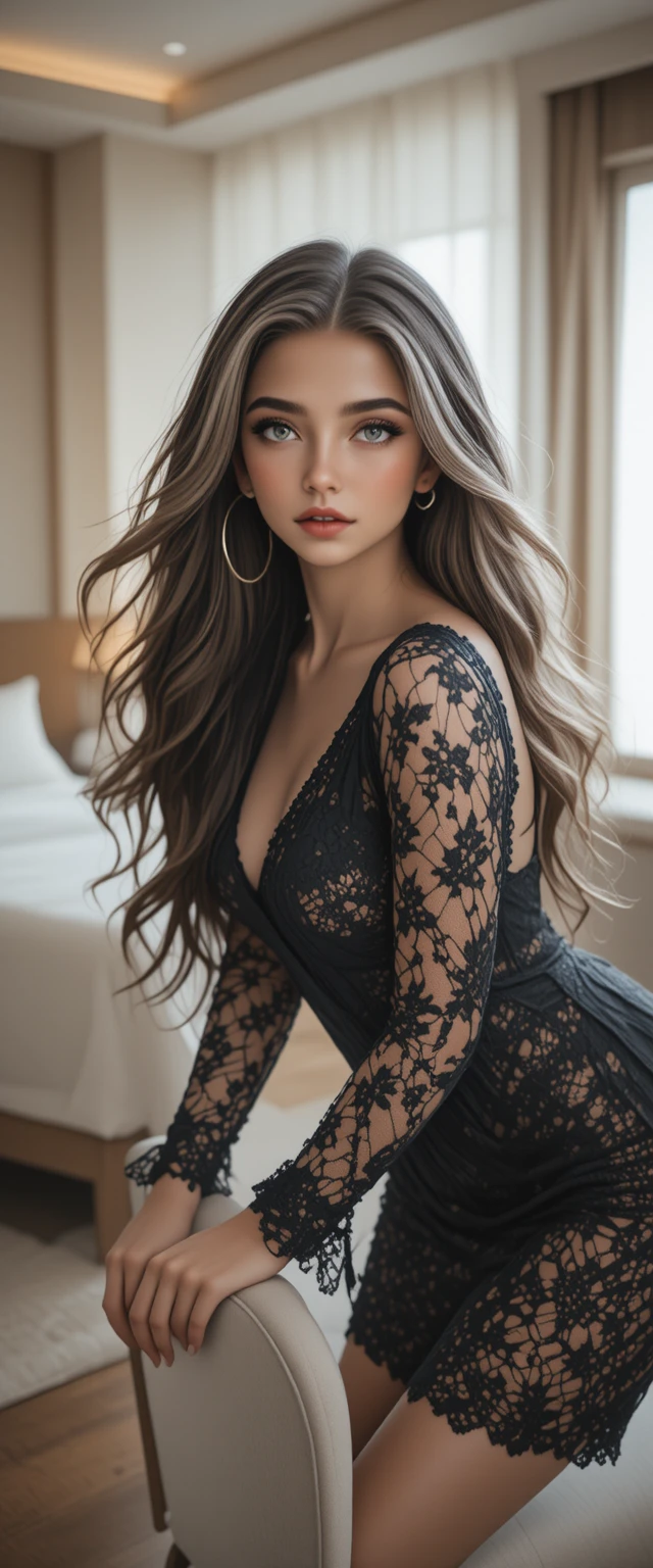Modern gothic woman in black lace dress leaning forward