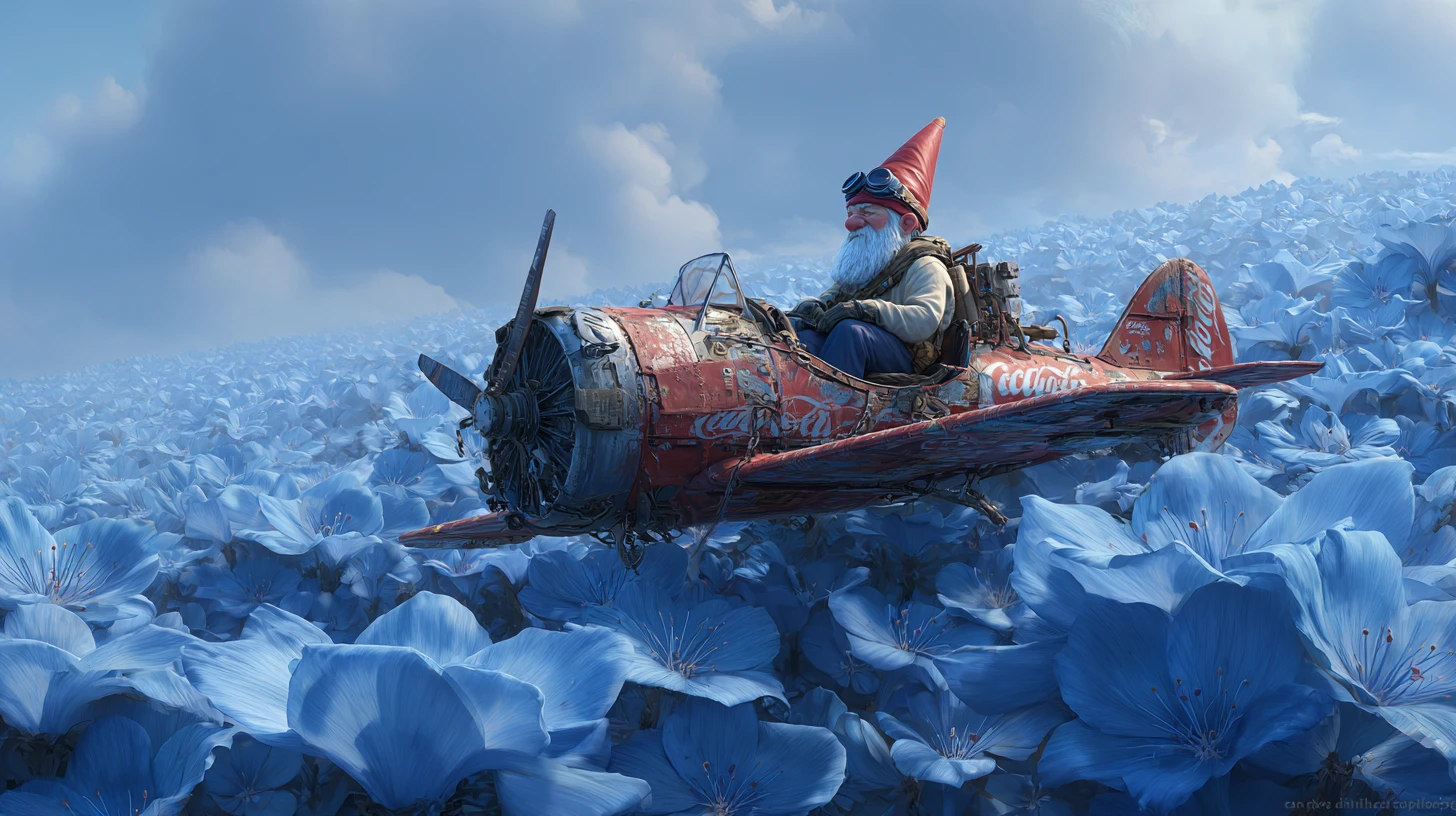 Whimsical Gnome Pilot Soaring Above Giant Blue Flowers
