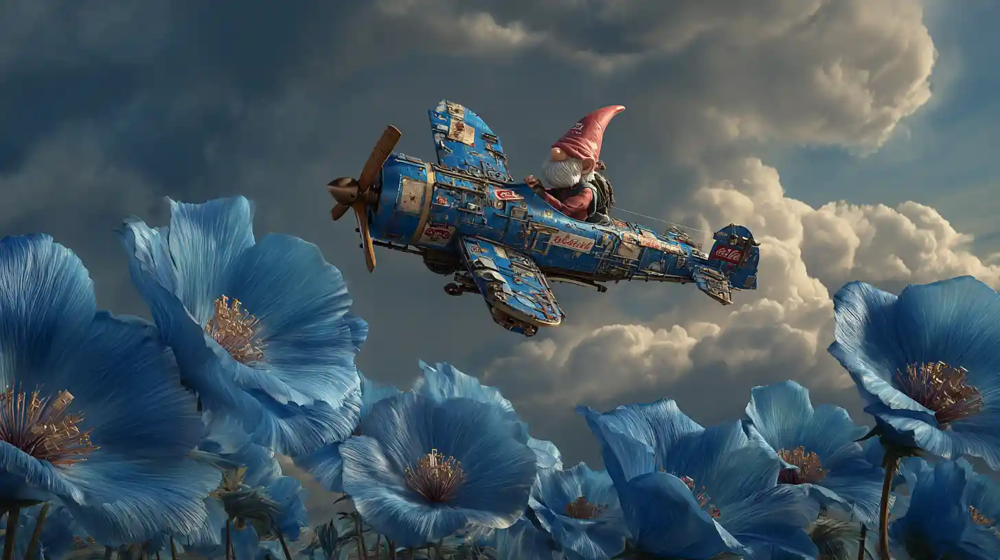 Eccentric gnome flying a scrap plane above giant blue flowers