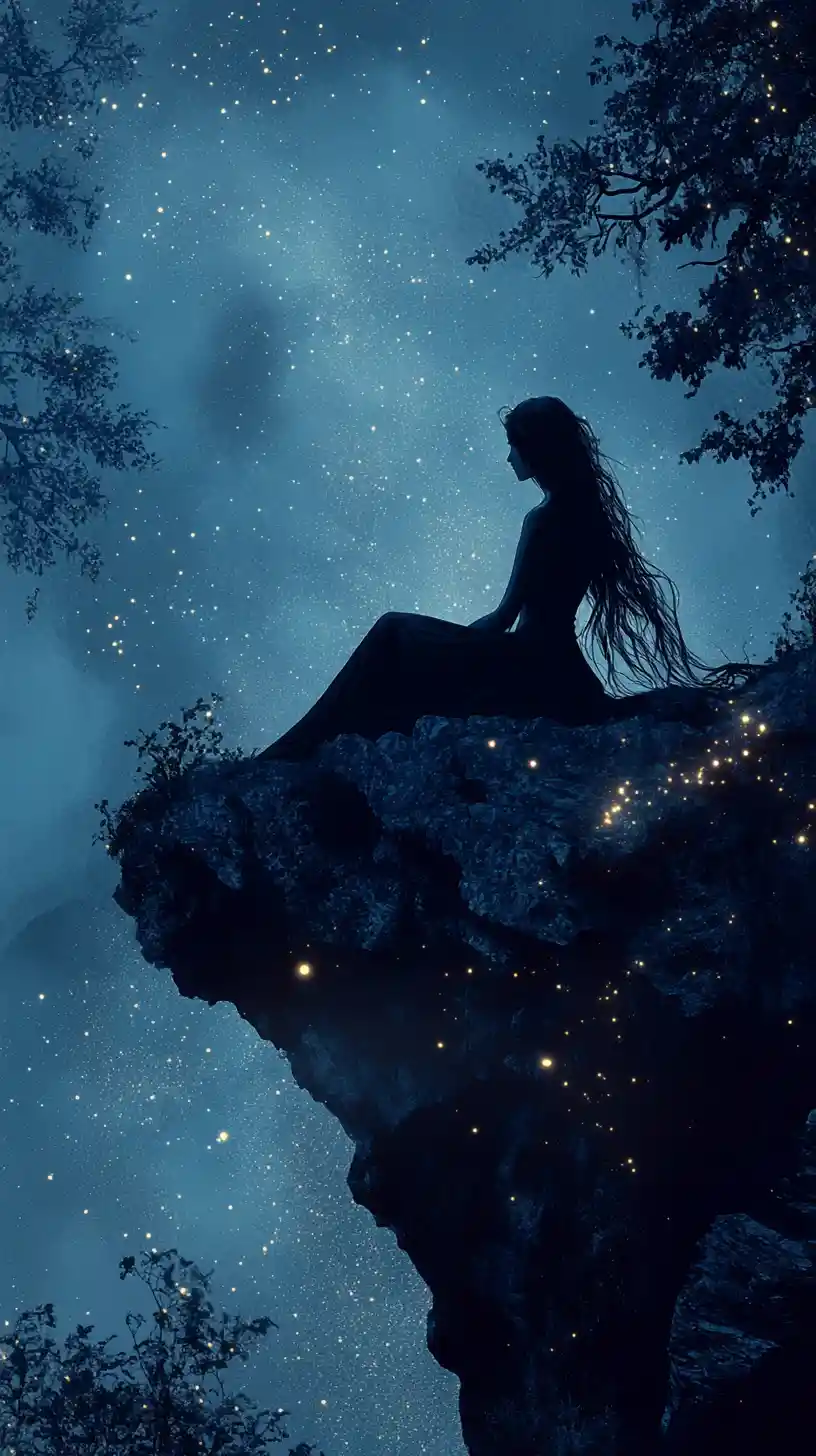 Lonely woman on a cliff in a glowing fantasy forest