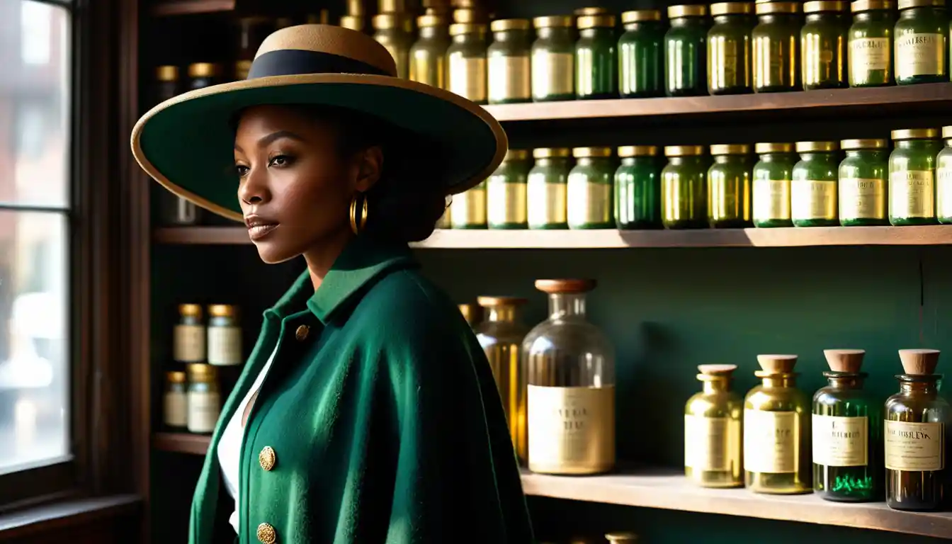 Mysterious woman in green coat before antique apothecary shop