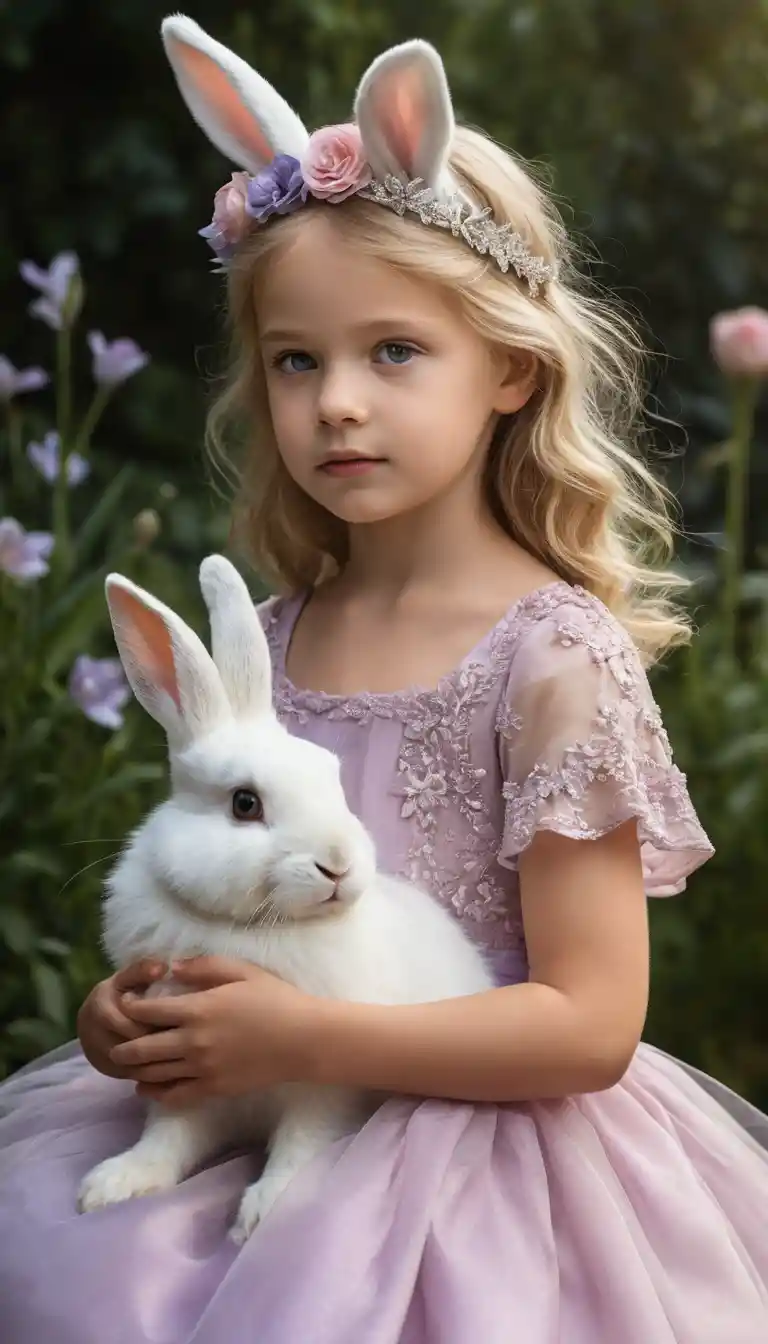 Fairy girl with white rabbits in an enchanted garden