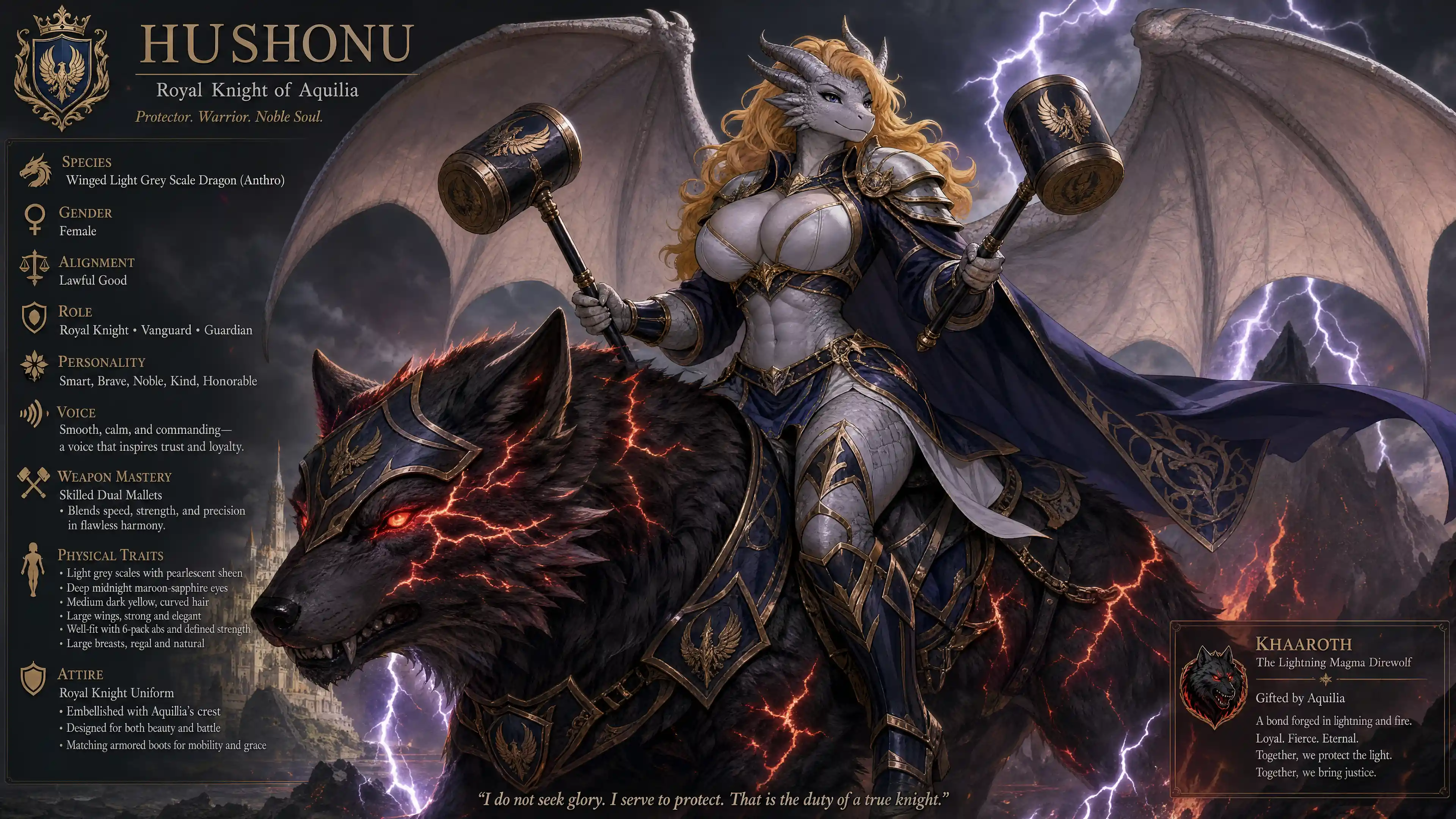 Winged dragon warrior woman riding elemental direwolf