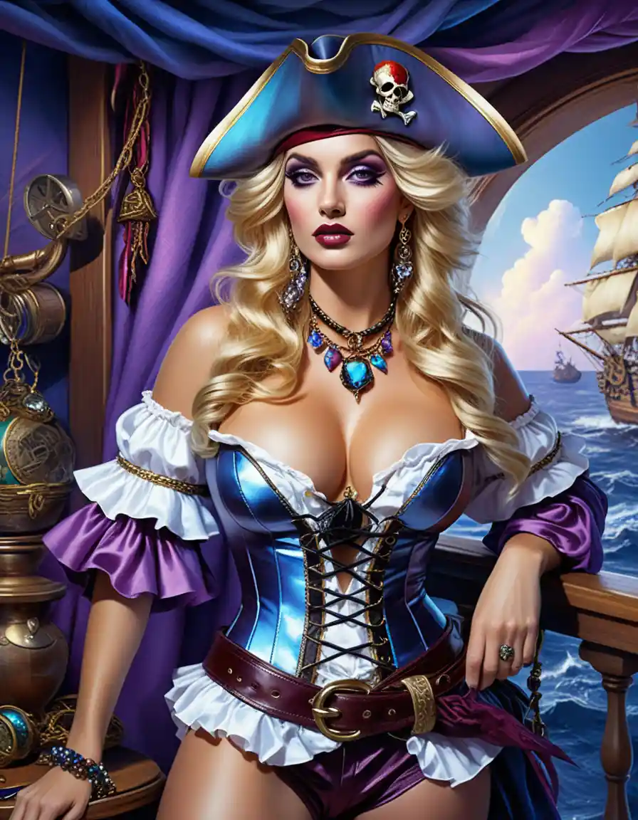 Blonde pirate woman in a colorful costume in her inn room