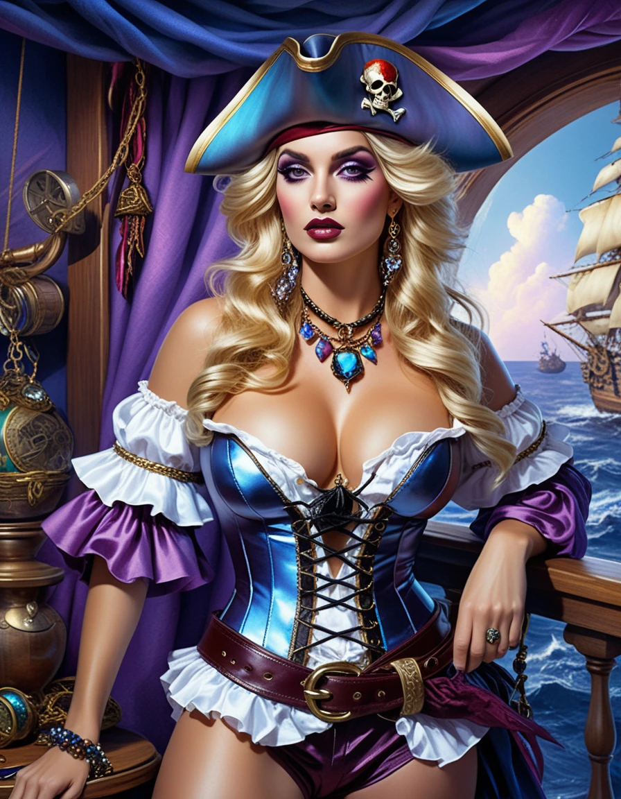 Blonde pirate woman in a colorful costume in her inn room