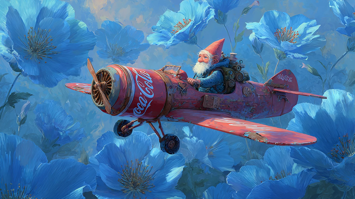 Gnome pilot flying a handmade can plane over blue flowers