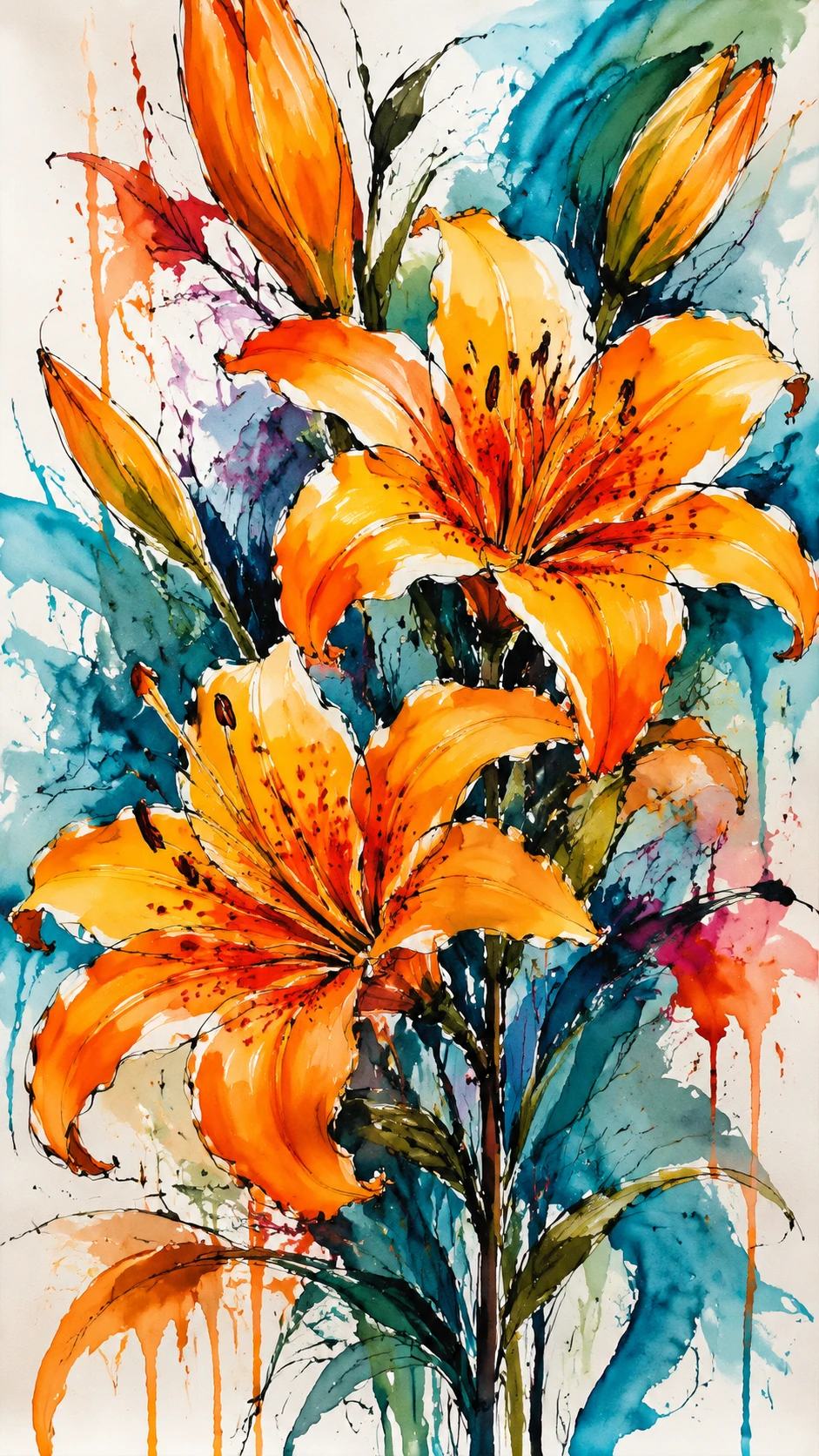 Vibrant orange lilies with fluid watercolor contours