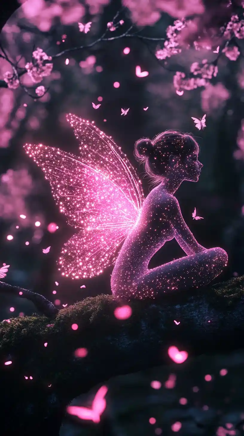 Glowing Pink Stardust Fairy On A Dark Forest Branch
