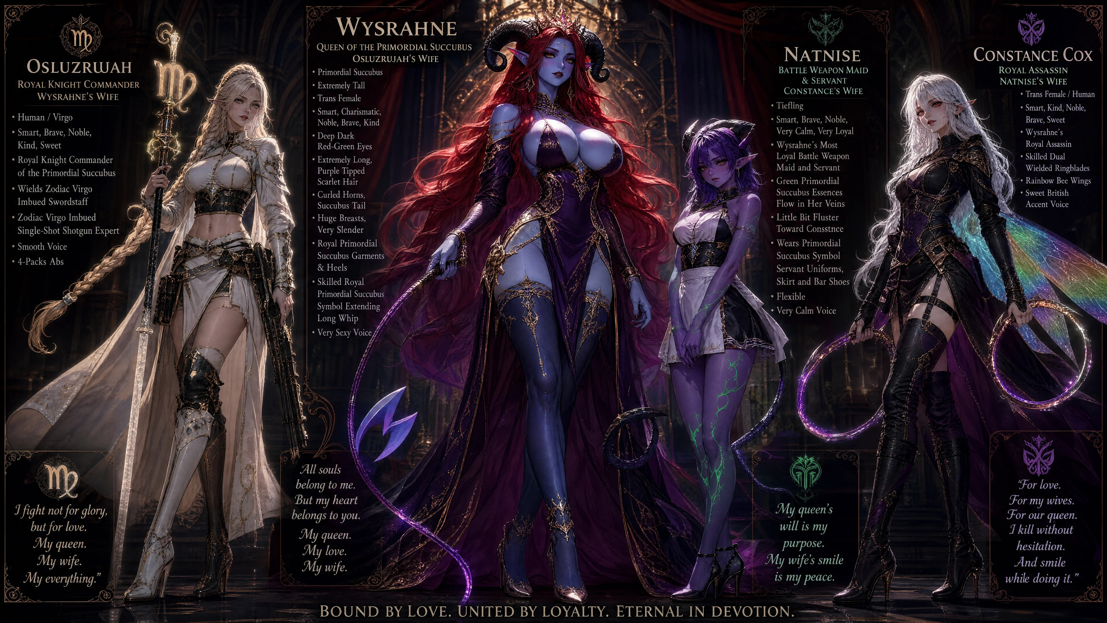 Primordial succubus queen with royal horns and scarlet hair